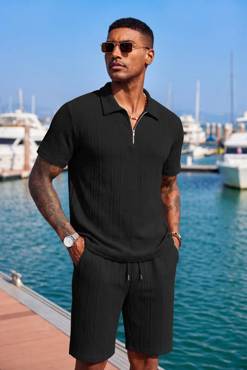 COOFANDY Men's 2 Piece Set Summer Beach Vacation Outfits Quarter Zip Polo Shirt and Shorts Sets Black Small