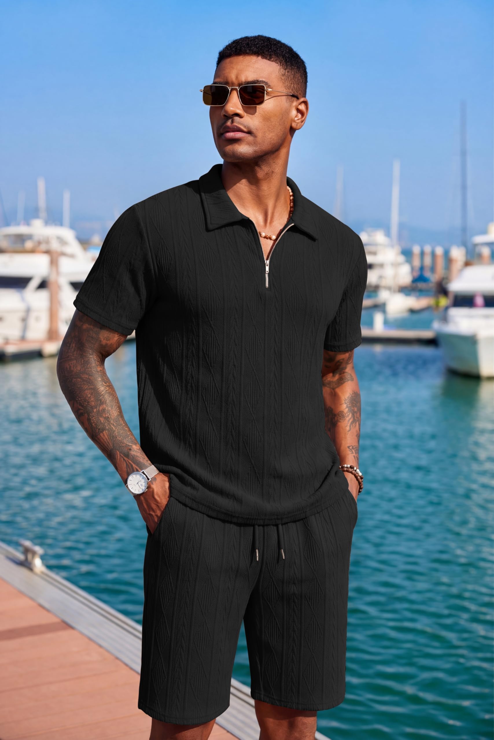 COOFANDY Men's 2 Piece Set Summer Beach Vacation Outfits Quarter Zip Polo Shirt and Shorts Sets Black Small