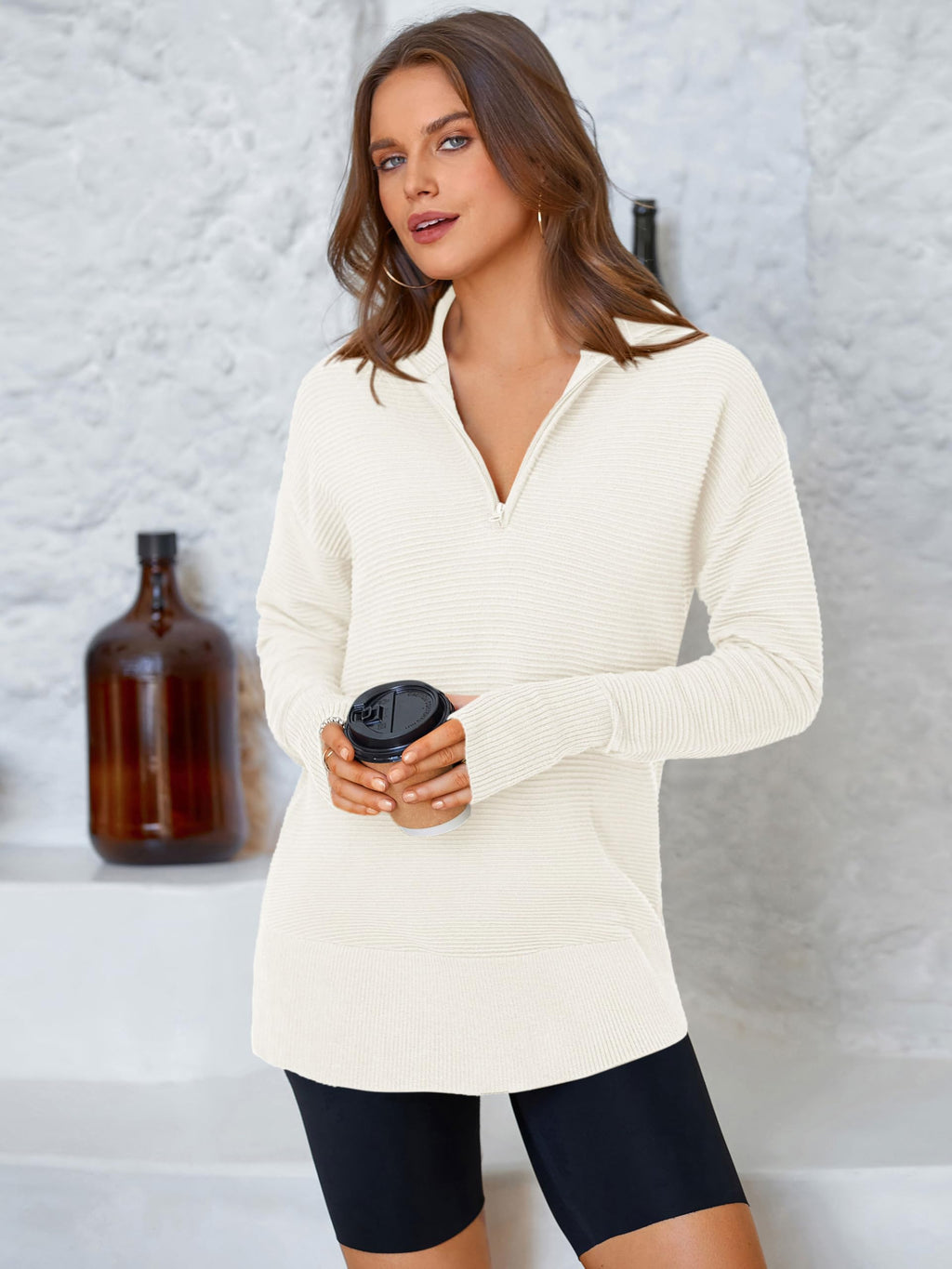 PRETTYGARDEN Womens Long Sleeve Quarter Zip Pullover Sweater Casual Loose V Neck Collared Ribbed Knit Jumper Tops Thumb Hole(White,Medium)
