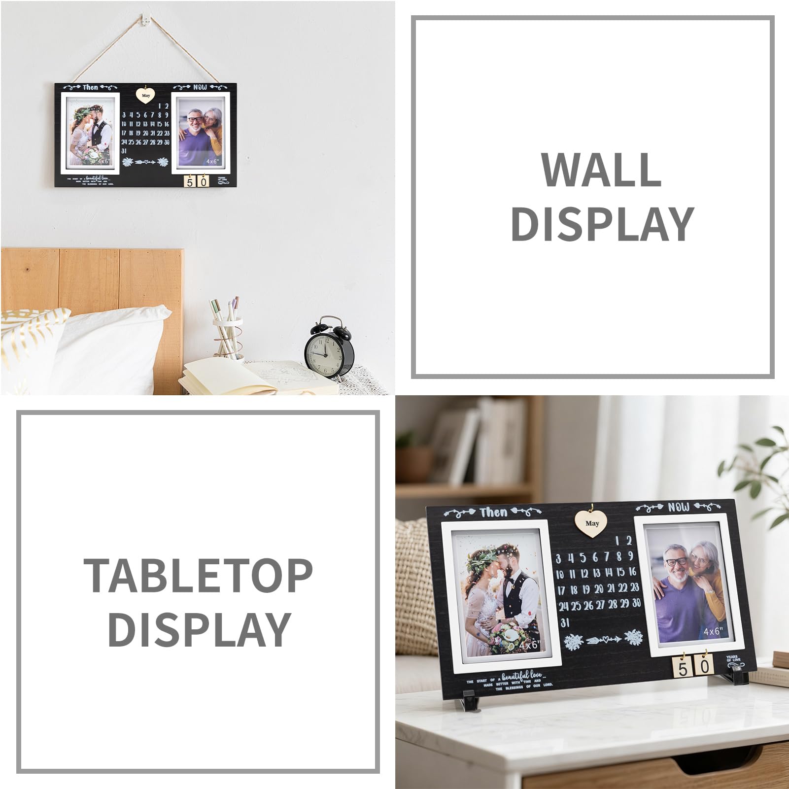 DIY Anniversary Wooden Picture Frame — Then and Now Commemorative Gift Features Changable Wooden Month and Number Plates Wedding Anniversary Frame Retro Vintage Photo Frame Holds Two 4x6-inch photos