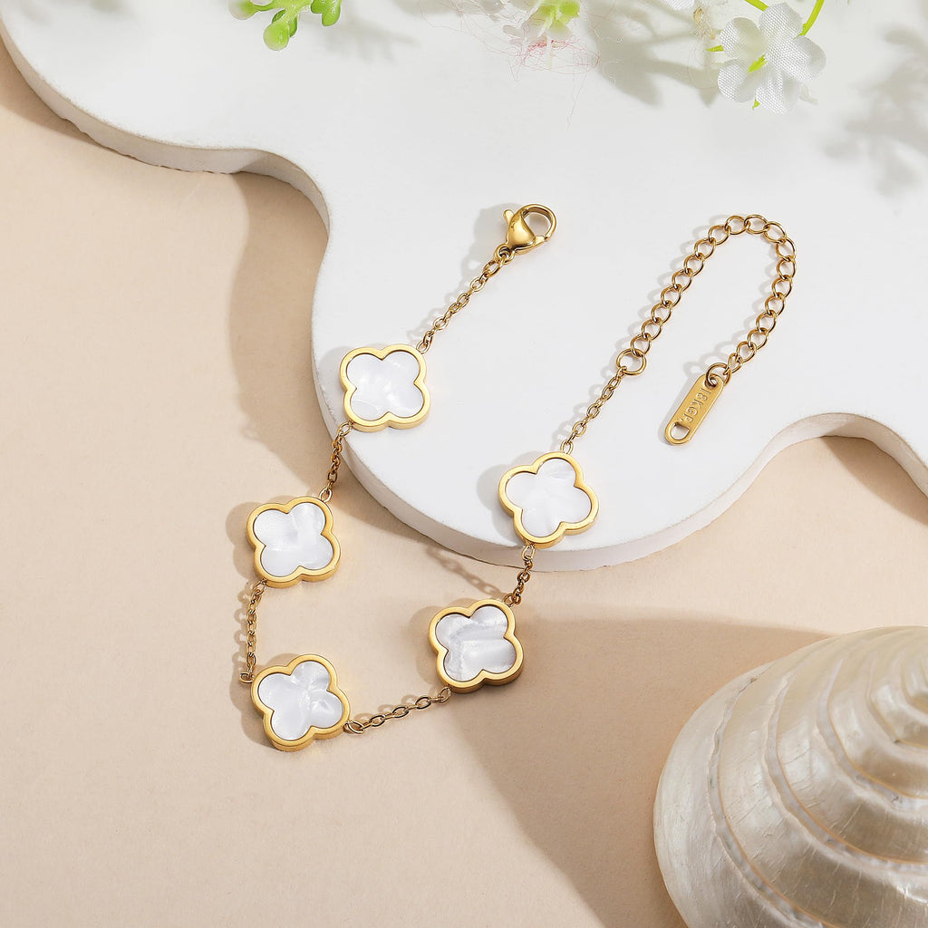 AIPPK 18K Gold Plated Clover Lucky Bracelet Dupes for Women White Flower Four Leaf Bracelets Trendy Jewelry Gifts for Women