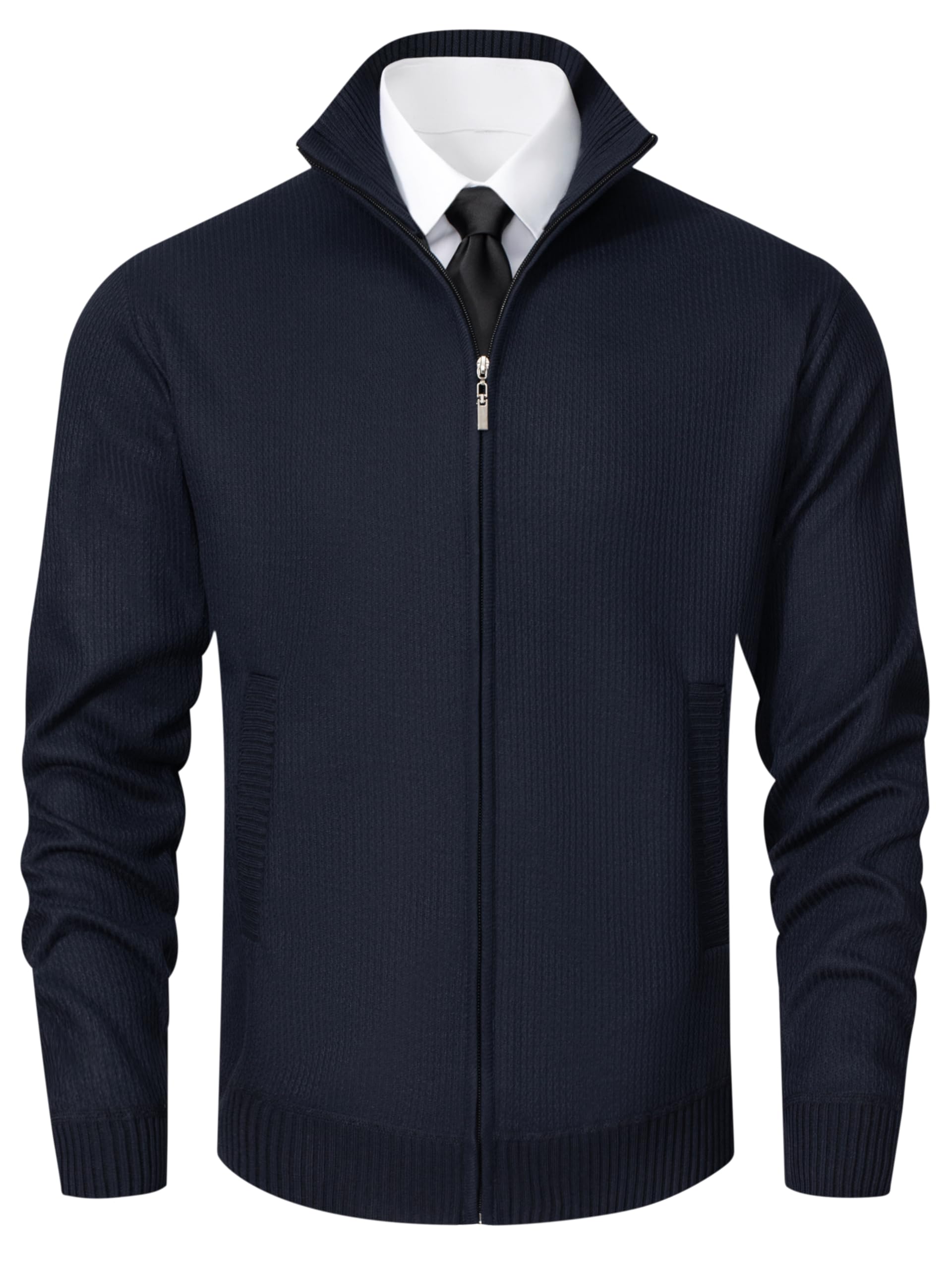 Vcansion Men's Casual Slim Fit Long Sleeve Full Zip Knitted Cardigan Sweaters with Pockets Navy US XL