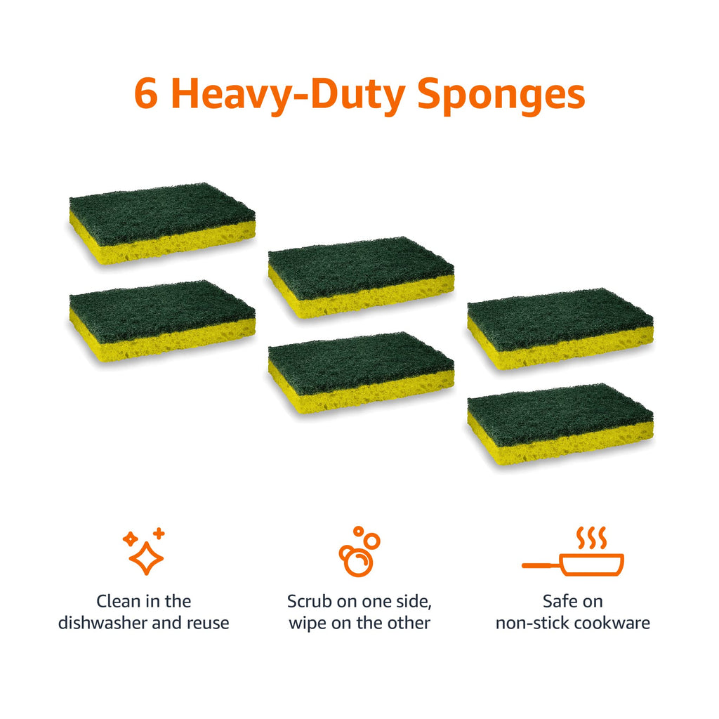 Amazon Basics Heavy Duty Scrub Sponges, Dual-Sided Design, Yellow/Green, 6-Pack