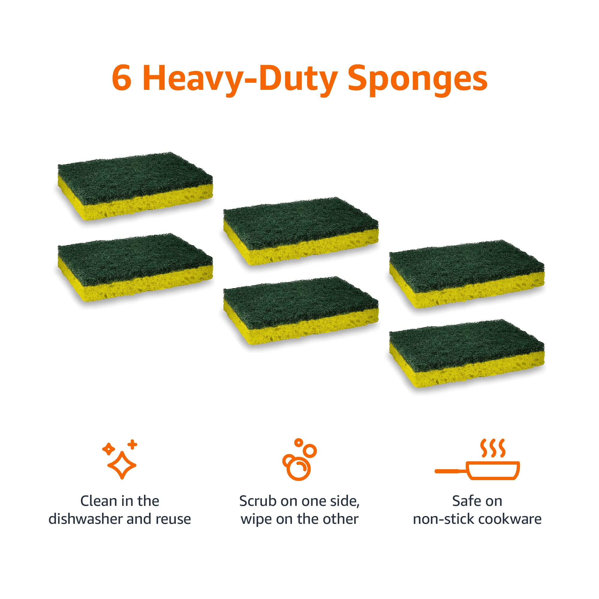 Amazon Basics Heavy Duty Scrub Sponges, Dual-Sided Design, Yellow/Green, 6-Pack