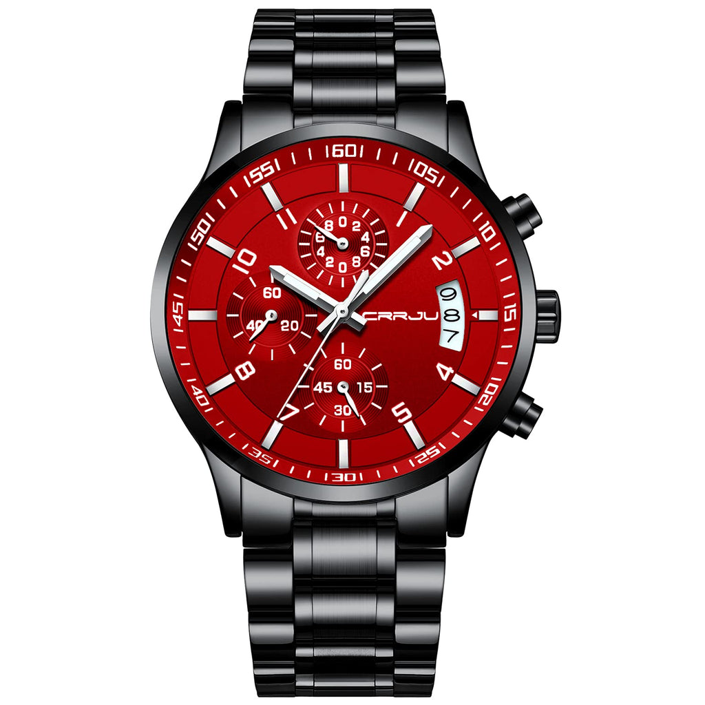 CRRJU Watches Men's Fashion Luxury Stainless Steel Watches Date Waterproof Chronograph Wristwatches,Casual Business Japan Movement Quartz Watch(Black red)
