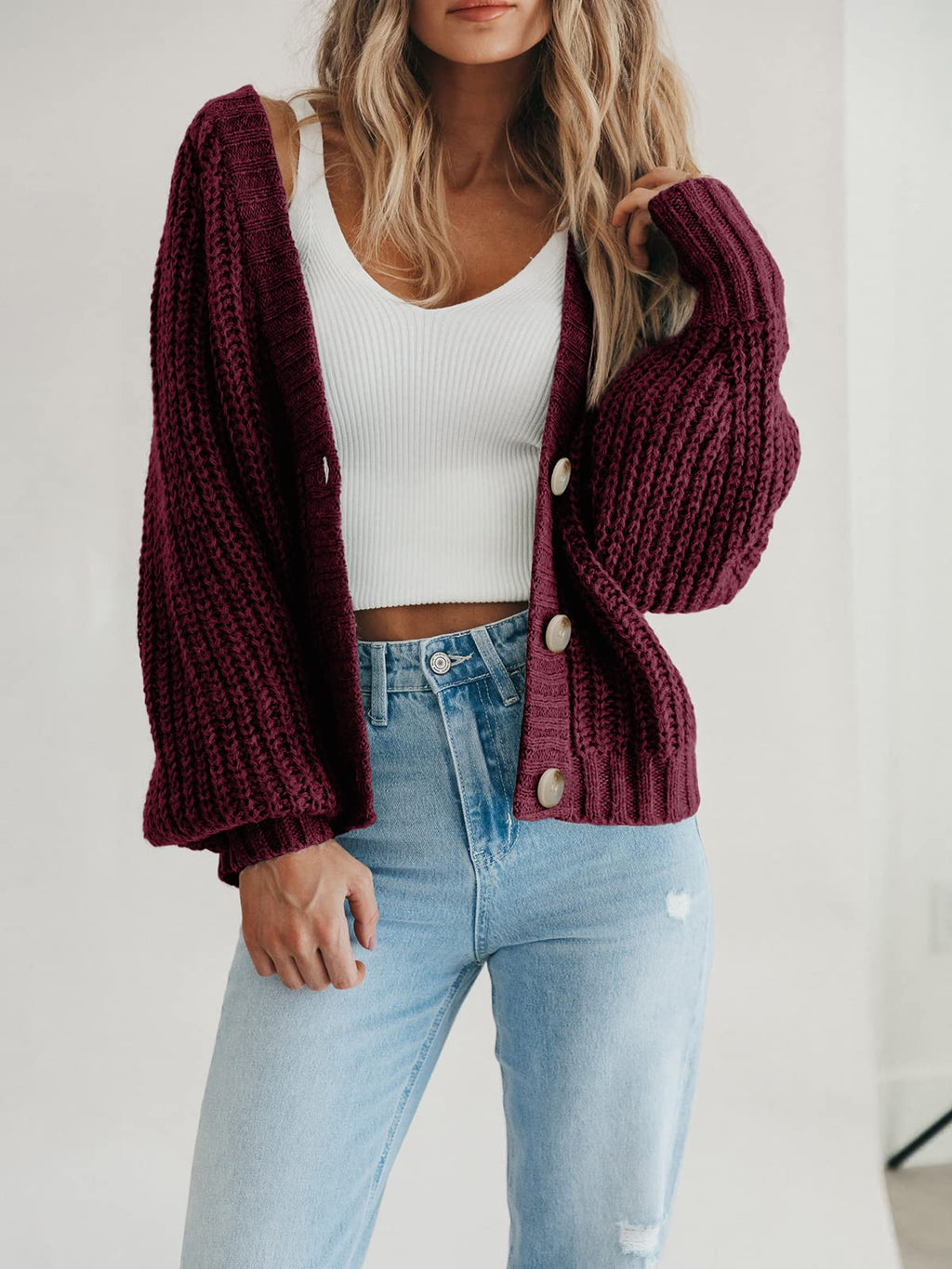 PRETTYGARDEN Women's Long Sleeve Plain Button Down Sweater Classic V-Neck Knit Cardigan Open Loose Outwear Coats (Wine Red,Small)