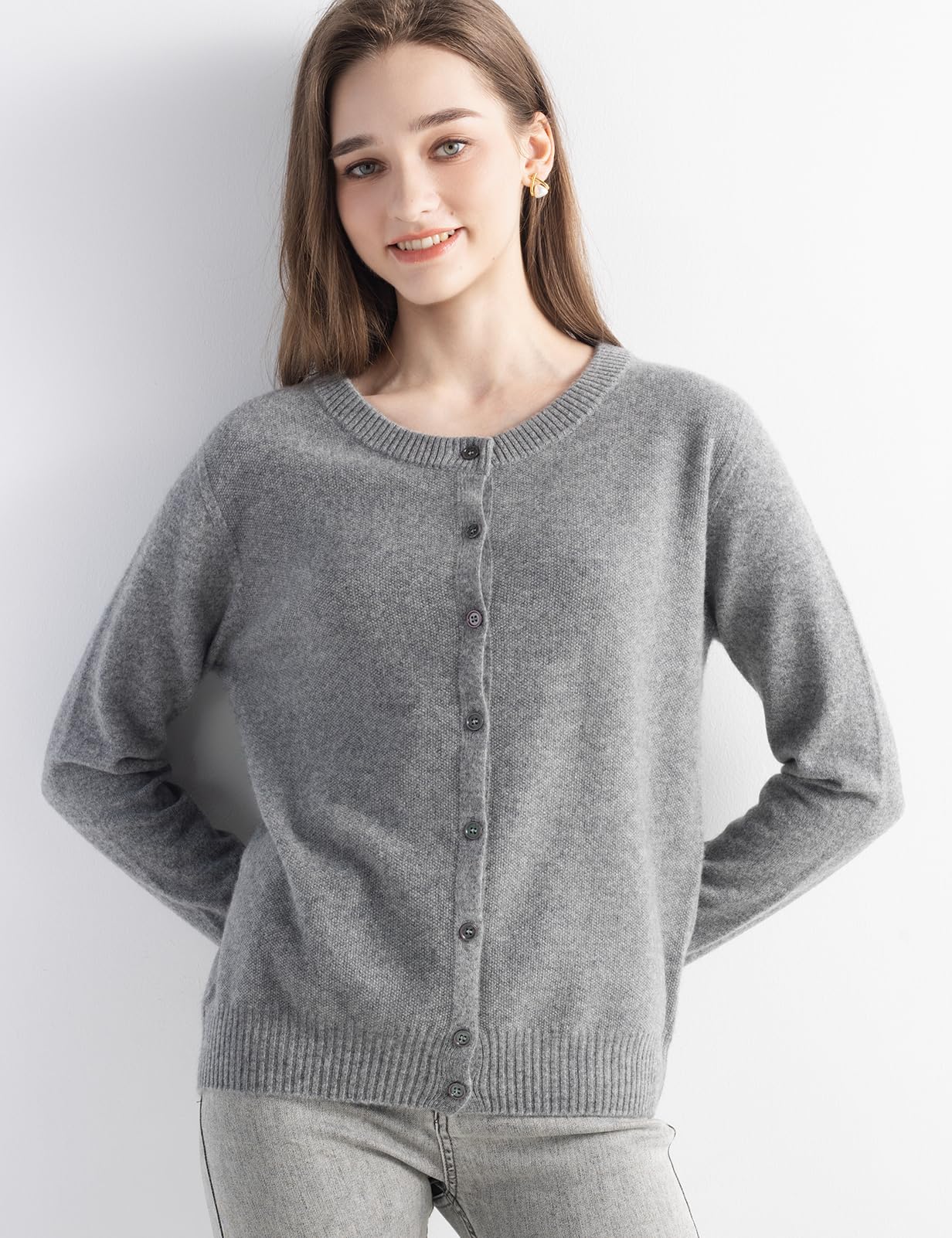 Chanyarn Women's 100% Pure Cashmere Cardigan Crew Neck Long Sleeve 2025 Fall Winter Warm Soft Knit Cardigan Sweater (Grey17177,M)