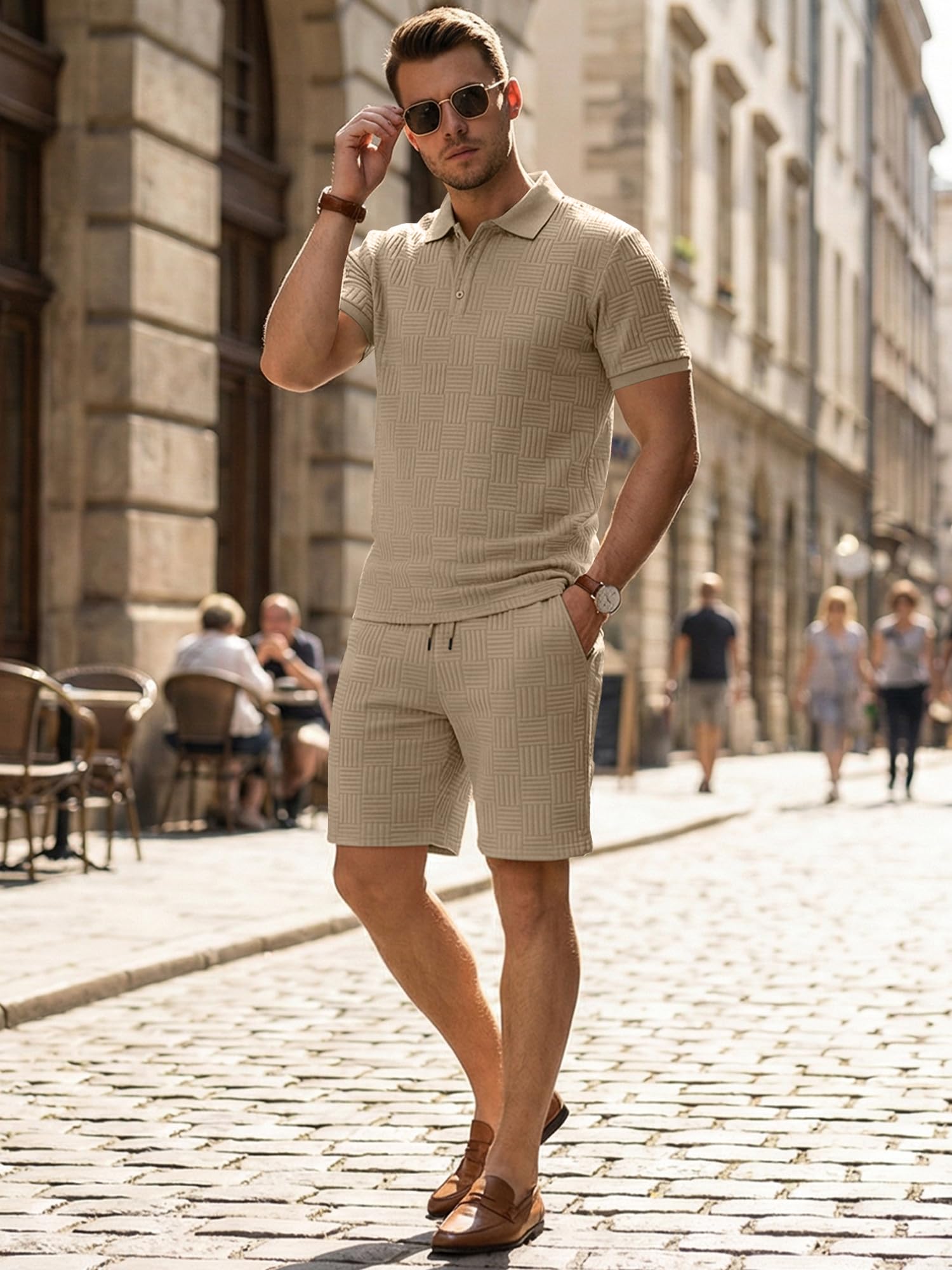 JMIERR Men's Summer Beach Outfit 2 Piece Set Short Sleeve Textured Polo and Drawstring Shorts Casual Vacation Wear, Large, Light French Beige