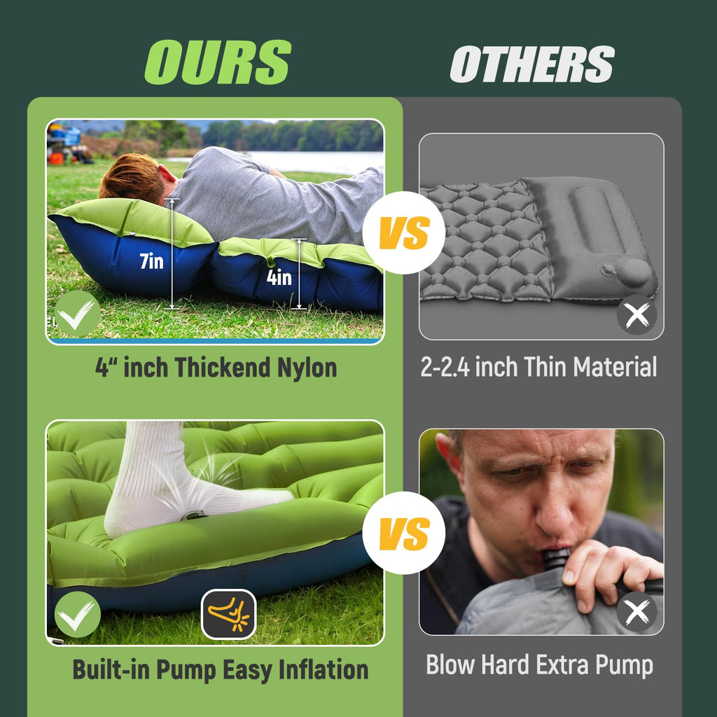 Yuzonc Double Sleeping Pad - Self Inflating 4" Extra-Thick for 2 Person with Pillow Built-in Foot Pump Inflatable Sleeping Mat for Backpacking, Hiking, Traveling, Tent, Portable Camping Mat