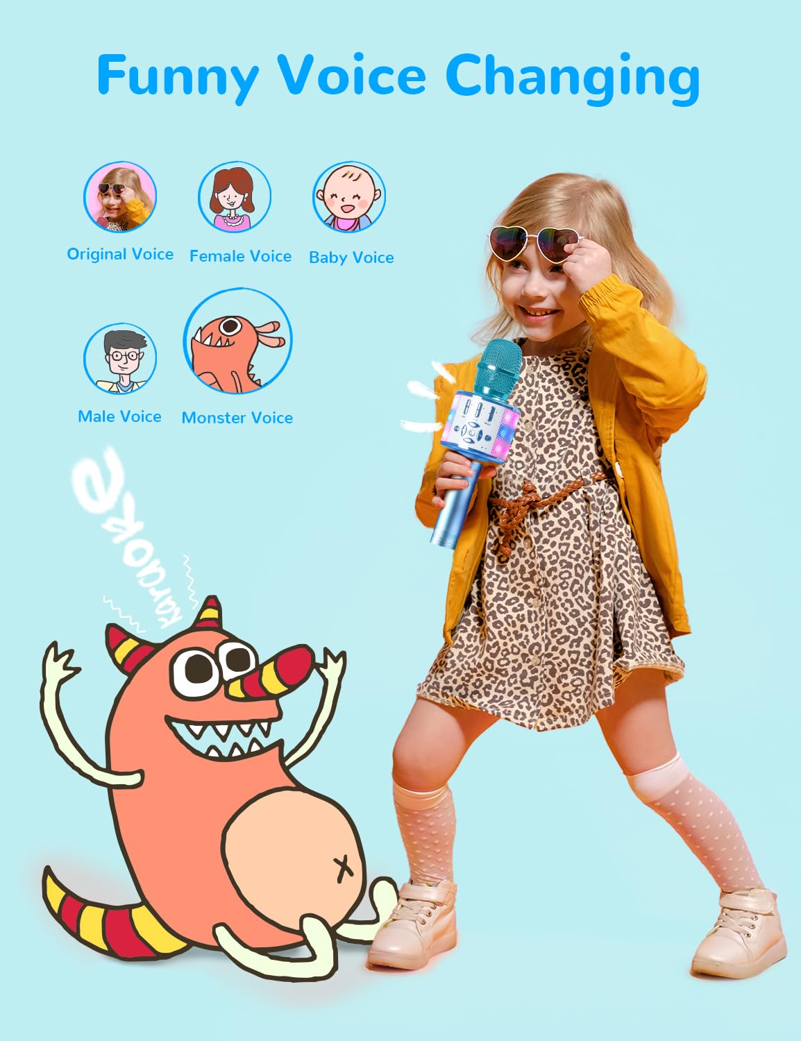 Amazmic Kids Karaoke Microphone Machine Toys for Girls Bluetooth Microphone with LED Light, Christmas Birthday Gift for Girls Boys 3 4 5 6 7 8 9 10 11 12 Year Old Kids Toys(Blue)
