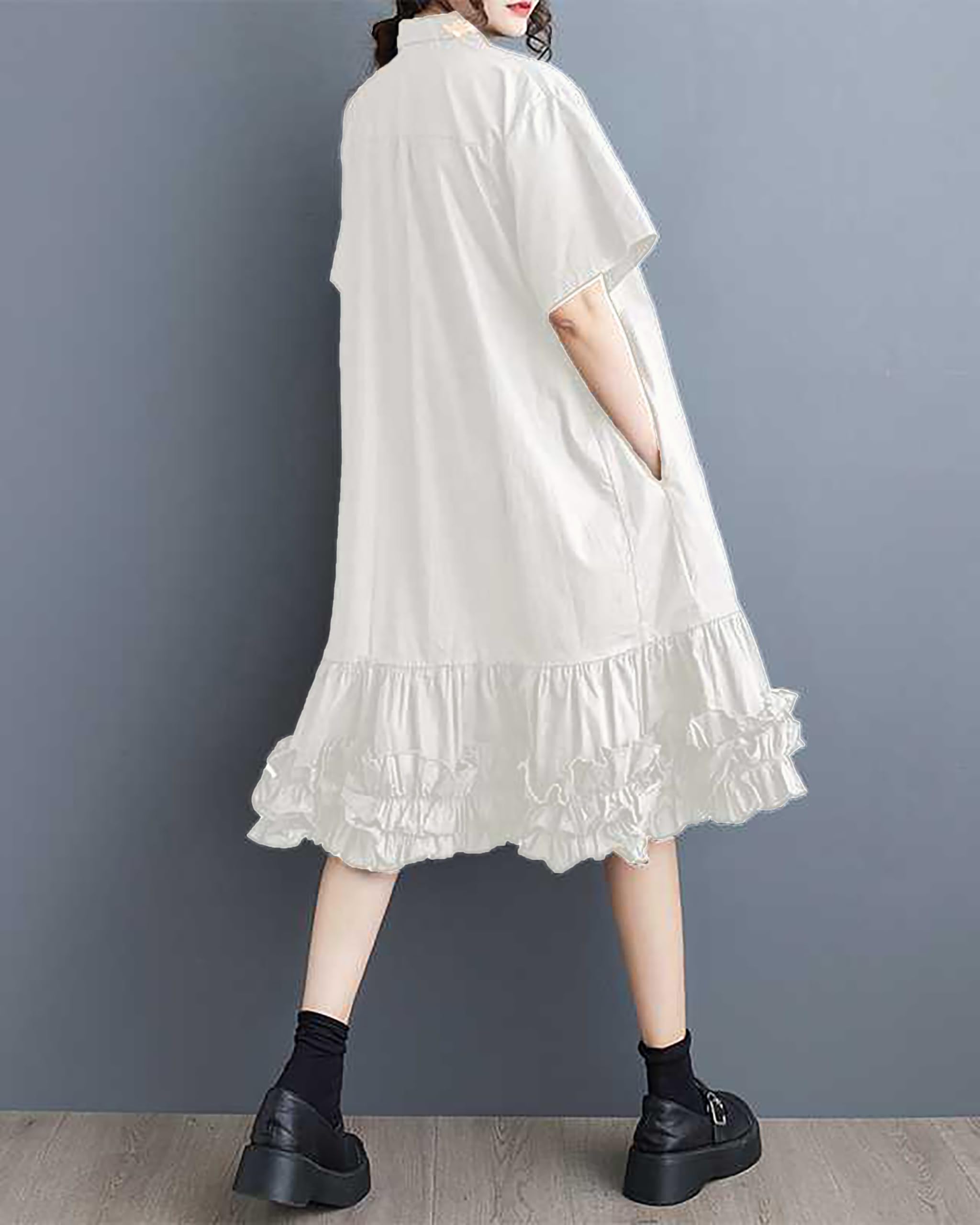 ellazhu Women's Shirt Dress Button Down Lapel Short Sleeve Ruffle Hem Oversize Loose Casual Solid GZ183 A, White, Small-X-Large