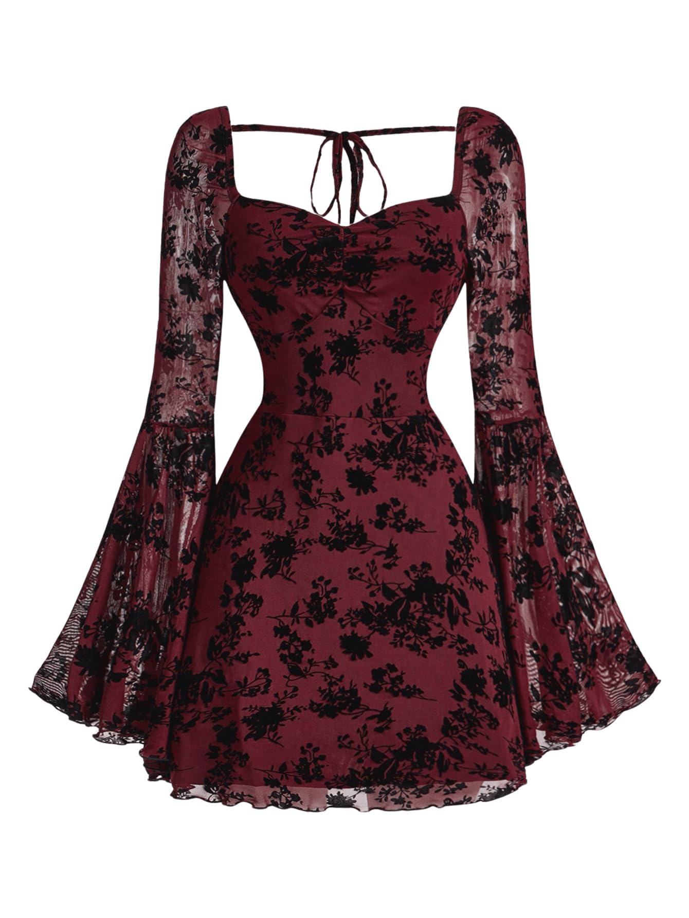 WDIRARA Women's Floral Jacquard Mesh Gothic Dress Bell Long Sleeve A Line Vintage Dresses Burgundy Small