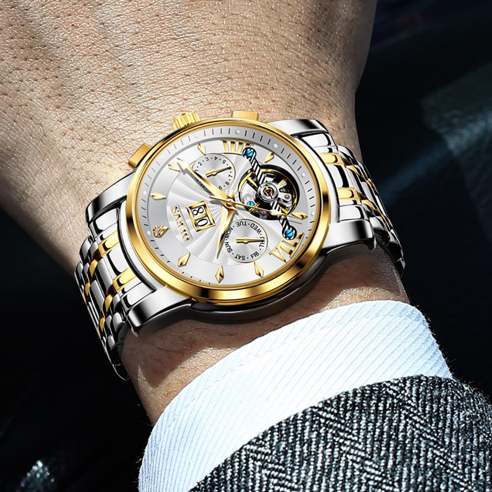 OLEVS Men Automatic Watch Luxury Classic Mechanical Skeleton Waterproof Luminous Stainless Steel Date Calendar Two Tone Wrist Watches