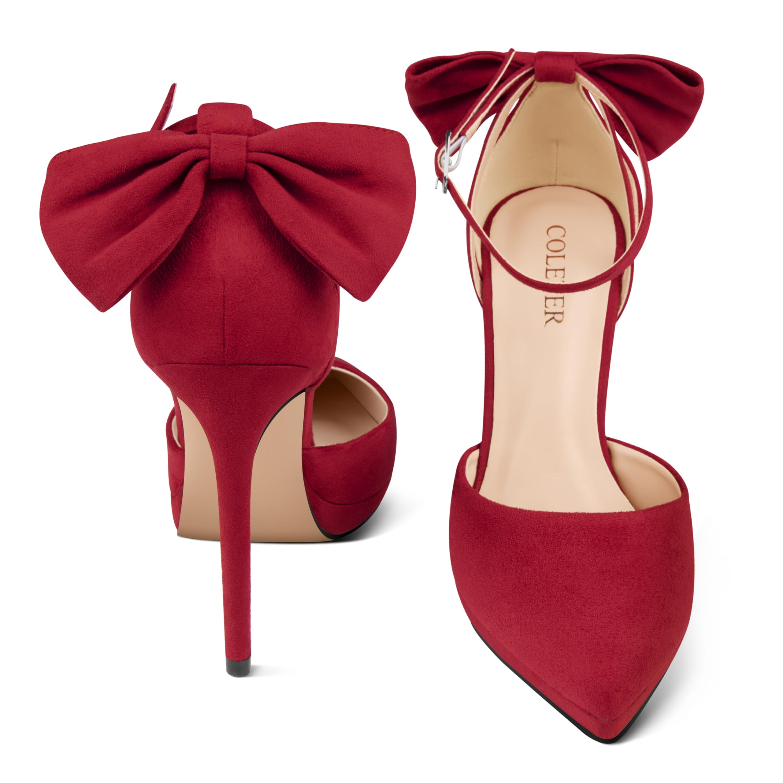 COLETER Women's Bowknot High Heels Platform D'Orsay Pumps Pointed Toe Stiletto Heels Ankle Strap Wedding Shoes Burgundy 7US