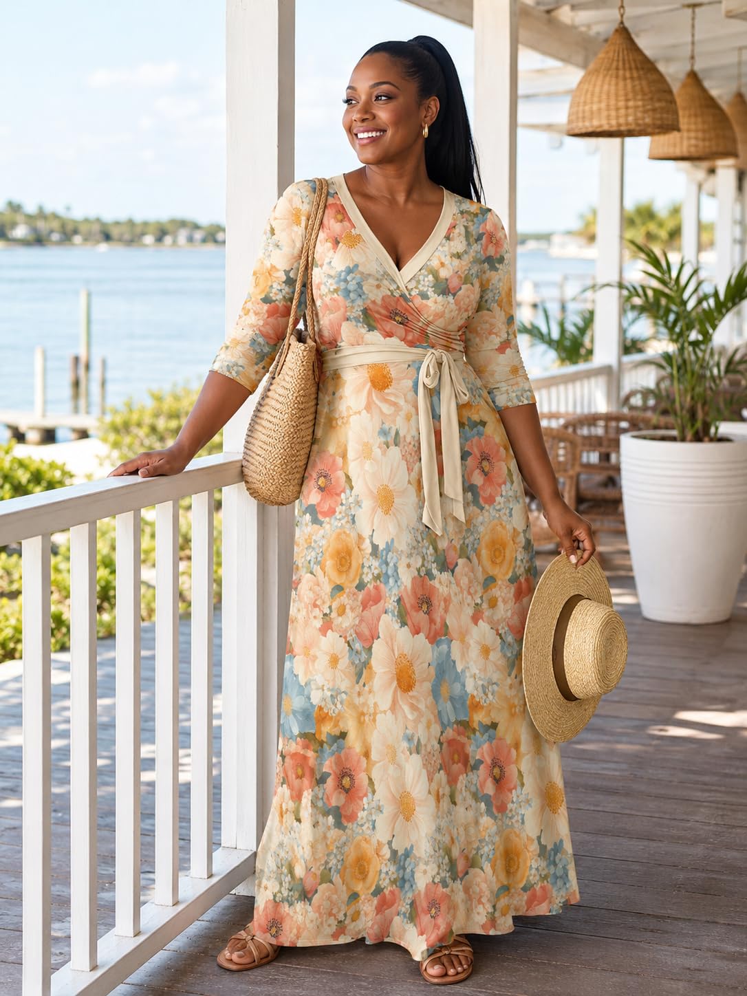 PinkPatty Plus Size Maxi Dress for Women Casual V Neck 3/4 Sleeve Boho Printed Long Dress with Pockets (Floral11 2XL)