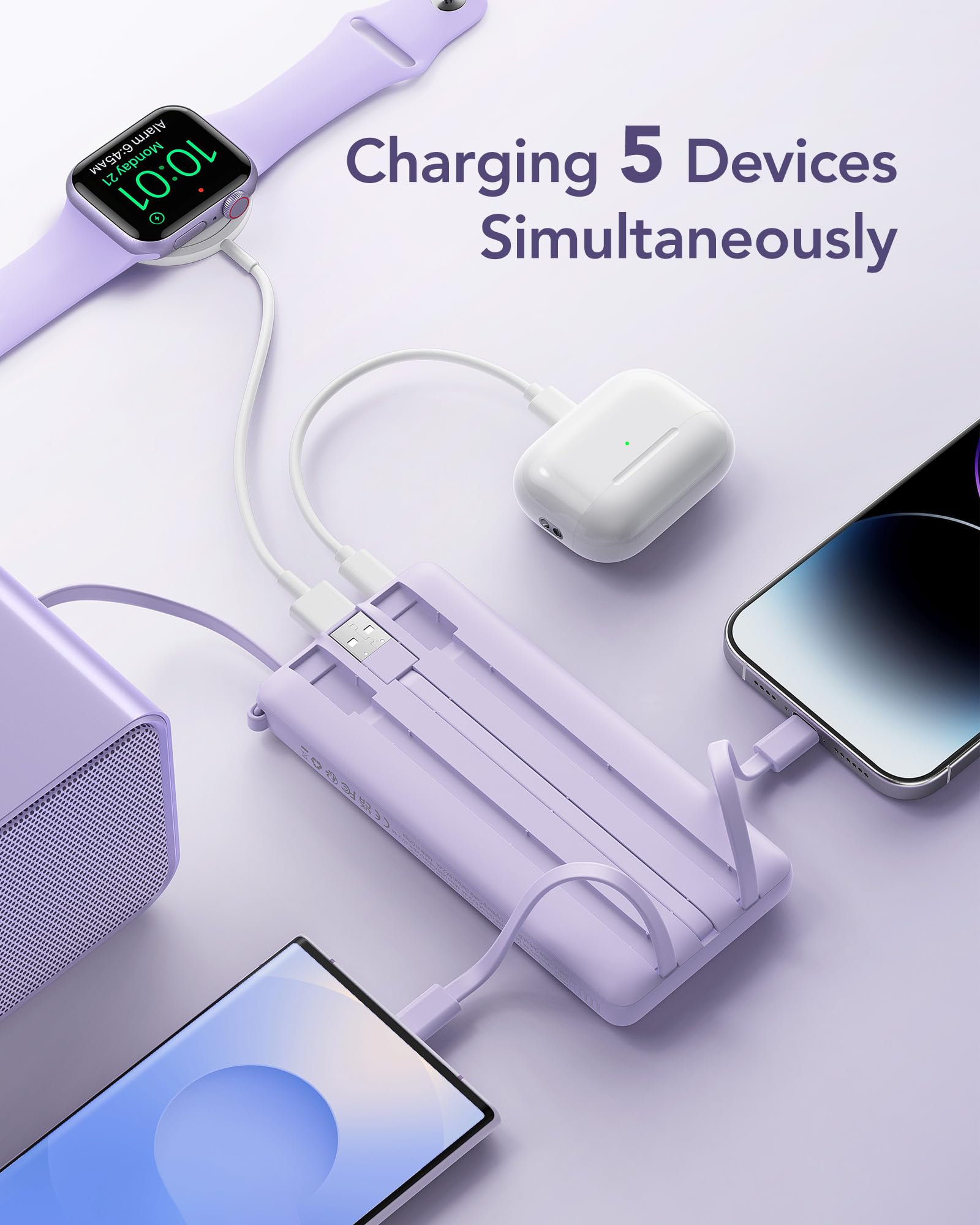 VRURC Portable Charger Power Bank, 10000mAh Travel Essentials Battery Pack, 5 Outputs 2 Inputs Slim Charging Bank Built-in Cables Cords for iPhone 17 16 15 14 13,Samsung,Android-Lavender(1 Pack)