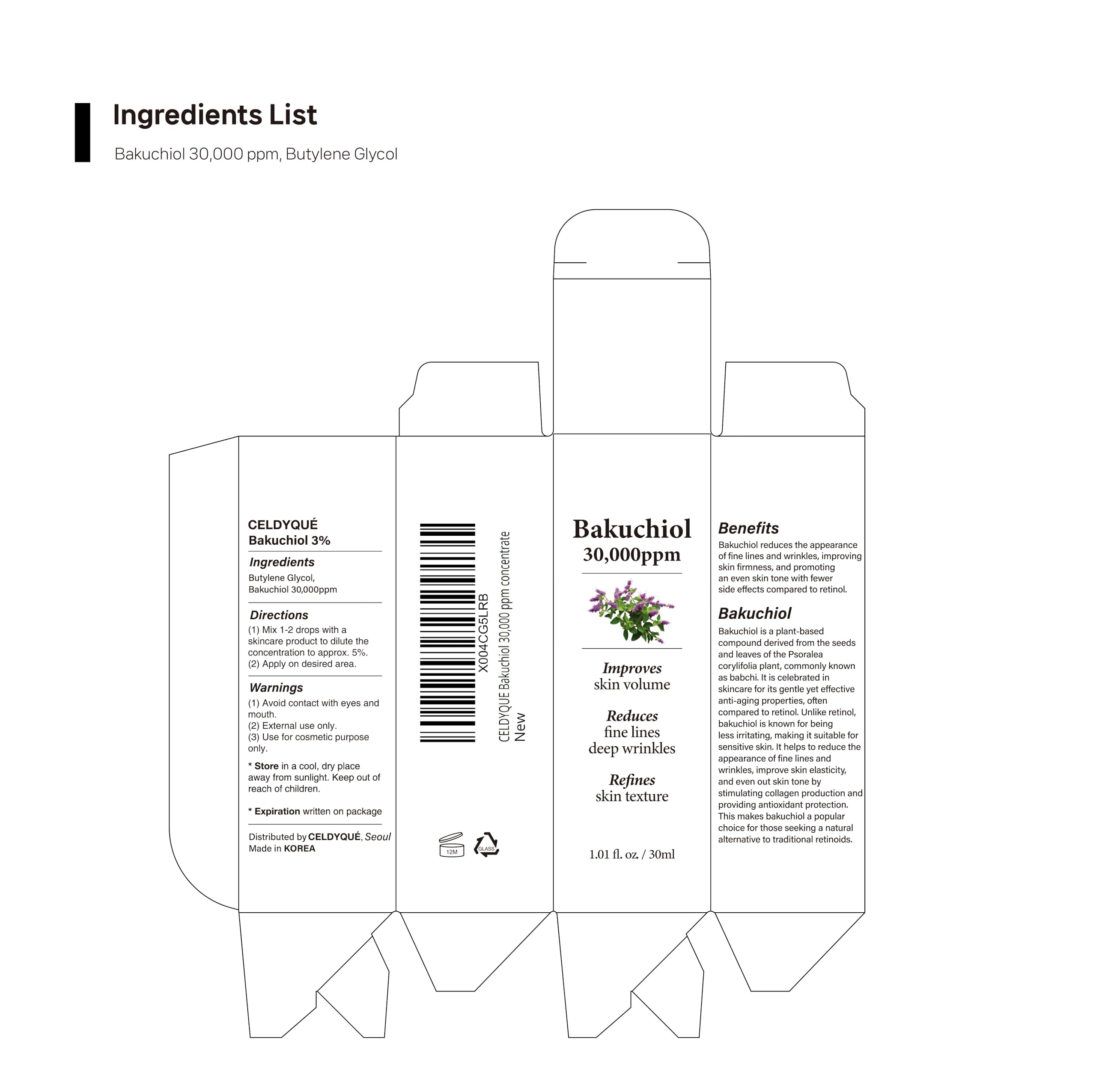 Korean Bakuchiol Concentrate DIY Mix-in Serum 30,000 ppm - High Potency Retinol Alternative | Wrinkle Reduction Skin Firming & Smoothing - Anti-Aging Sensitive Skin Vegan & Cruelty-Free Non-GMO 1 oz