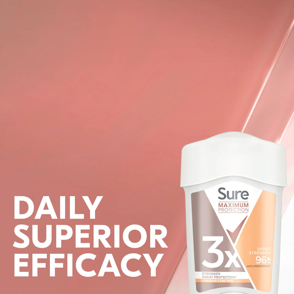 Sure Women Maximum Protection Sport Strength Antiperspirant Deodorant Cream Stick with 3x stronger* sweat protection for 96 hour sweat and odour protection 45 ml