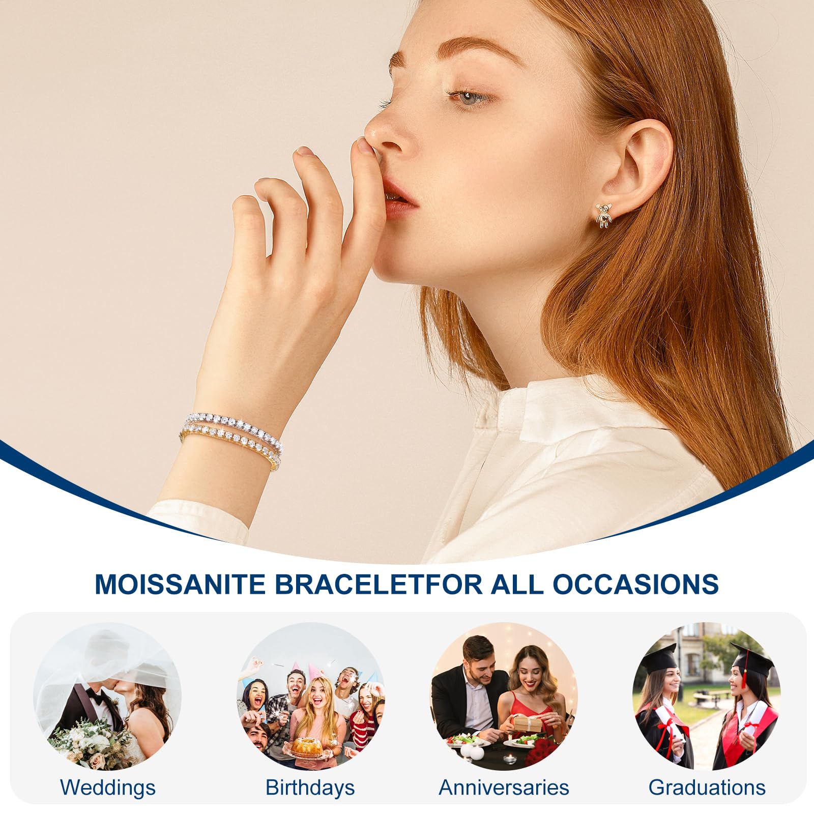 Moissanite Tennis Bracelet, 8.69 Carats Adjustable Bracelet for Women 18K Yellow Gold Plated S925 Sterling Silver Tennis Bracelet D Color VVS1 Round Cut 4MM Moissanite Bracelet Non Tarnish Bracelets