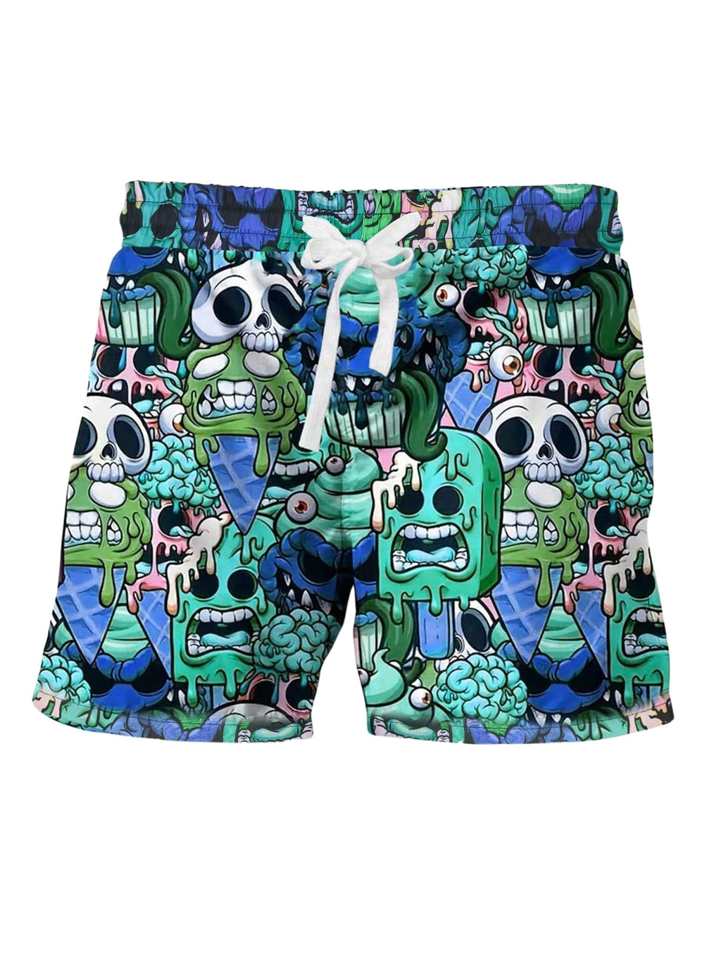 WDIRARA Men's Cartoon Skull Print Swim Trunks Drawstring Elastic Waist Beach Shorts Green Medium