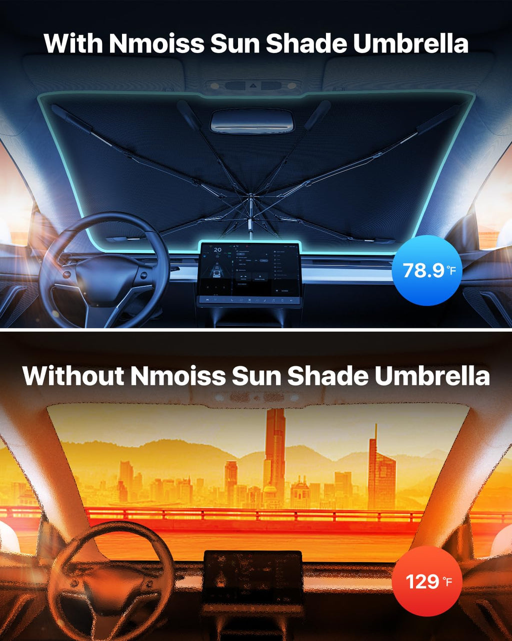 Upgrade Nmoiss Windshield Sun Shade Umbrella - [Vinyl Coating Heat Shield] Protect Car from Sun Rays & Heat Damage Keep Cool and Protect Interior, Spring Structure Edge Medium 56" L x 31" W