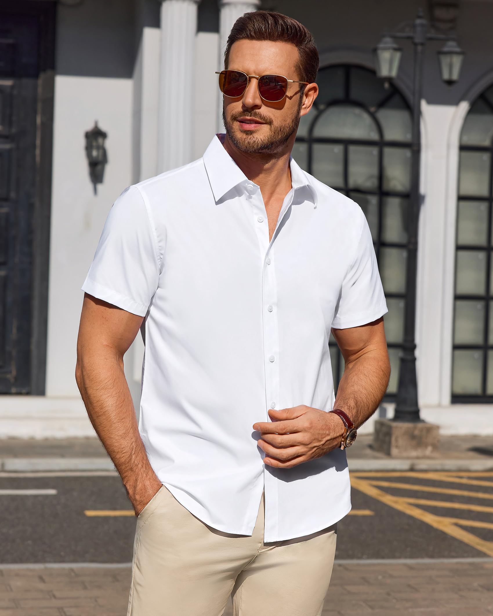 Lusead White Short Sleeve Dress Shirt Men Stretch Stain Shield Button Down Shirts Solid Wrinkle Free Formal Tops Office L