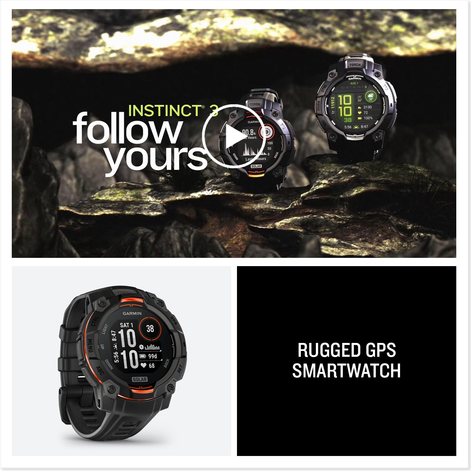 Garmin Instinct® 3 45mm, Solar Charged Display, Rugged Outdoor GPS Smartwatch, Metal-Reinforced Bezel, Built-in Flashlight, Black