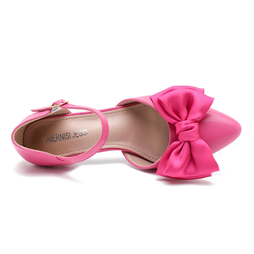 MAIERNISI JESSI Women's Kitten Heel Pumps with Bow, Ankle Strap, Pointed Toe, D'Orsay Style Hot Pink 36 - US 6