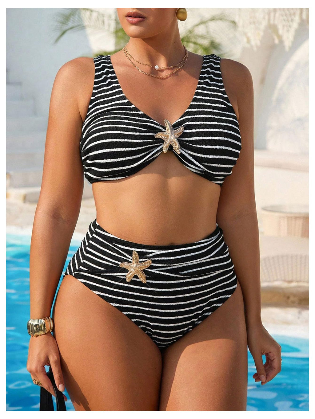 WDIRARA Women's Striped 2 Piece Swimsuit Metal Starfish V Neck Bikini Set High Waisted Bathing Suit Black and White X-Large Plus