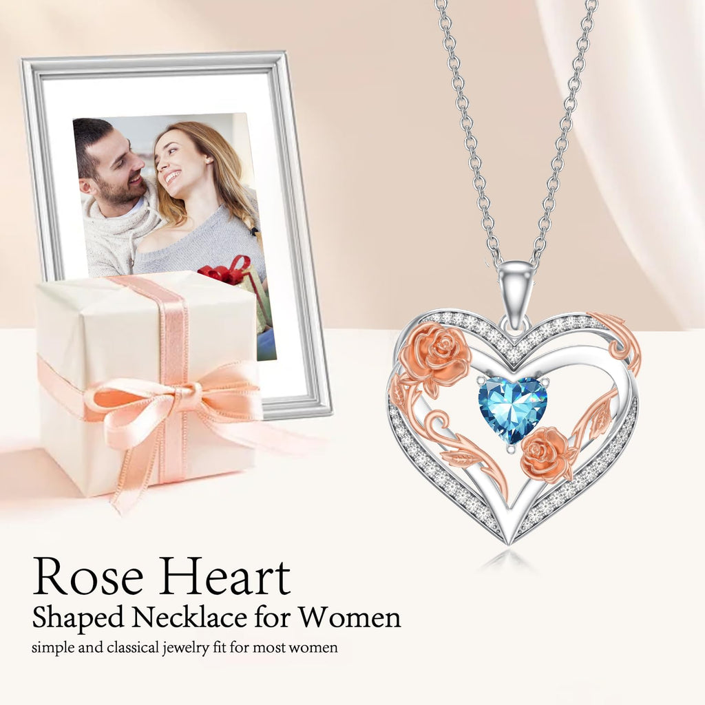 OKROKTOT Blue Topaz Necklace for Women Heart December Birthstone Pendant Rose Heart Jewelry Birthday Anniversary Christmas Mother's Day Jewelry Gift for Mom Wife Sister Daughter Girlfriend