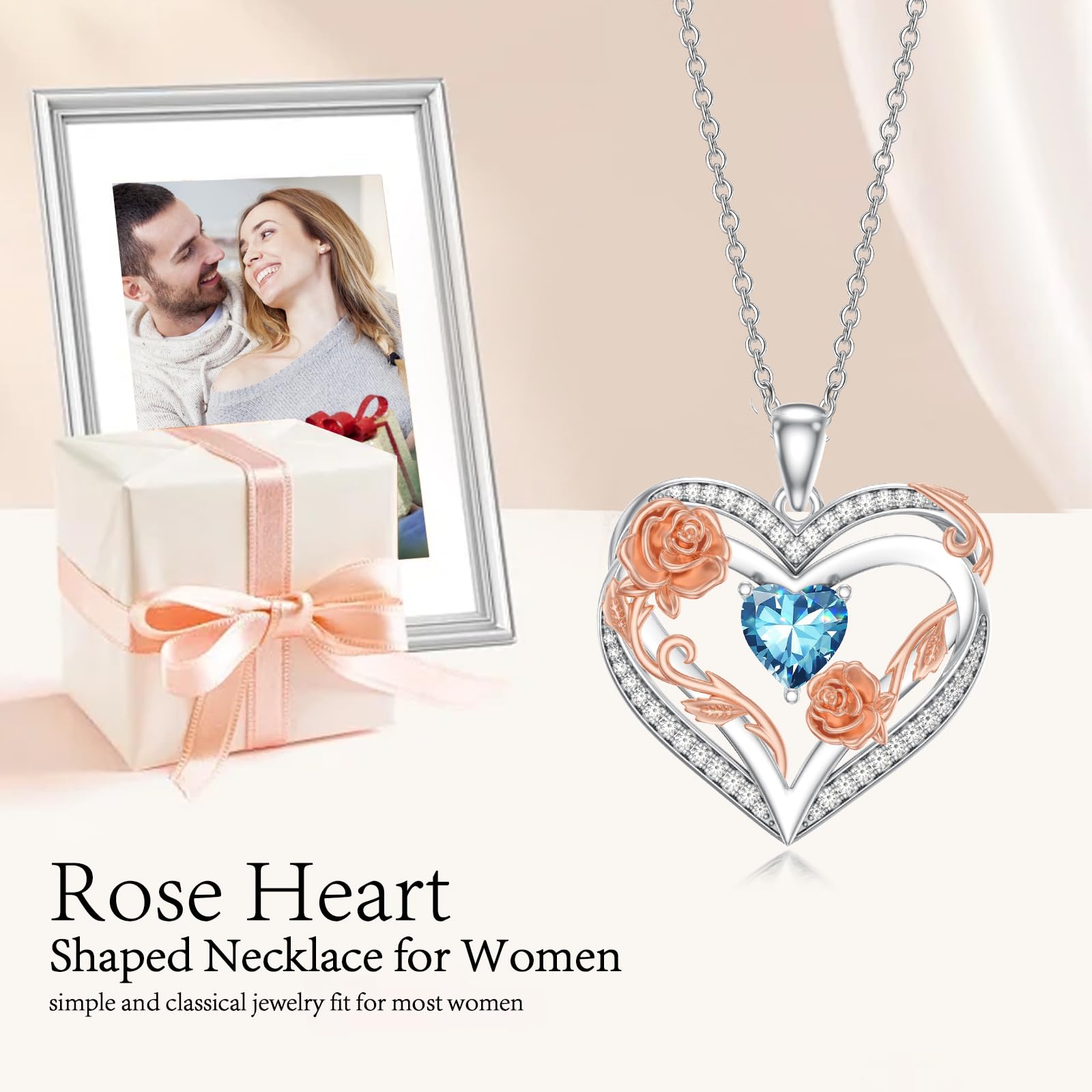 OKROKTOT Blue Topaz Necklace for Women Heart December Birthstone Pendant Rose Heart Jewelry Birthday Anniversary Christmas Mother's Day Jewelry Gift for Mom Wife Sister Daughter Girlfriend