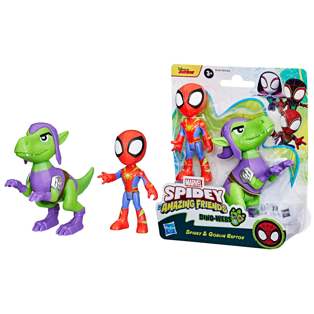 Marvel Spidey and His Amazing Friends Dino-Webs, Spidey and Goblin Raptor Action Figures Set, Super Hero Toys for Boys and Girls Ages 3 and Up
