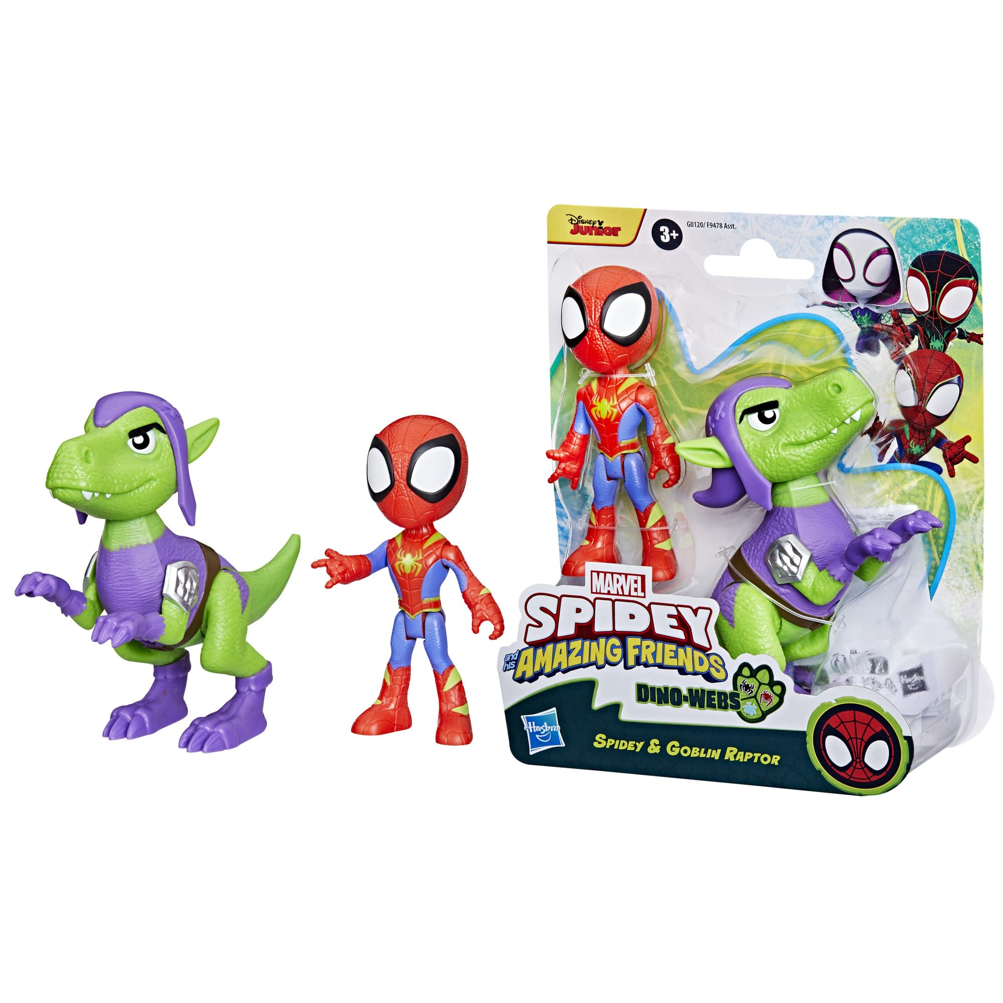 Marvel Spidey and His Amazing Friends Dino-Webs, Spidey and Goblin Raptor Action Figures Set, Super Hero Toys for Boys and Girls Ages 3 and Up
