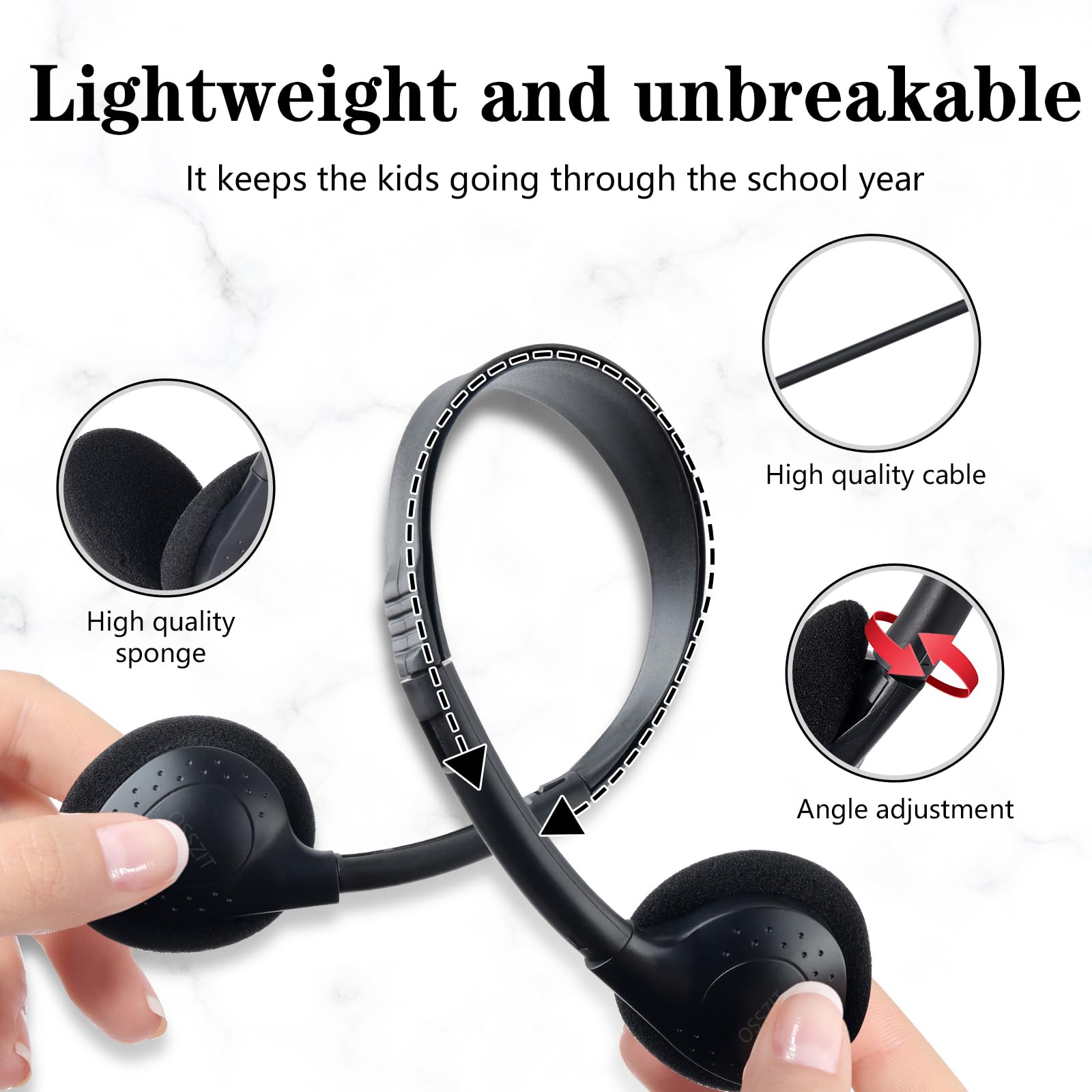 OSSZIT 30 Pack Class Set Headphones for Kids Students School Classroom Headphones Bulk Earphones Adjustable with 3.5 mm Jack for Library Children Adults (Black Color)