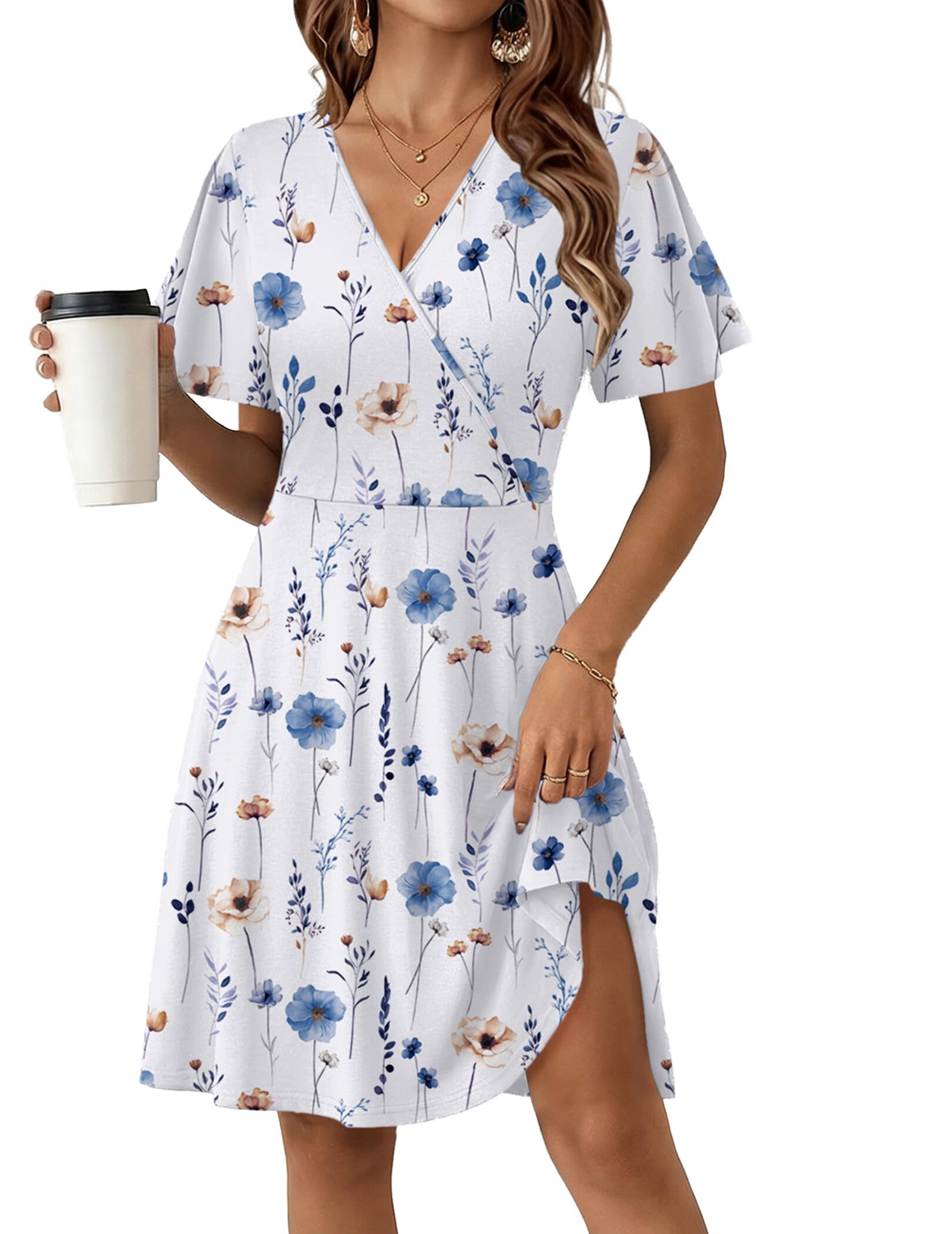 Zeago Womens Beach Vacation Sundress Summer Floral Ruffle Short Sleeve Casual Swing Wrap V Neck A-Line Mini Dress Wedding Guest Dress