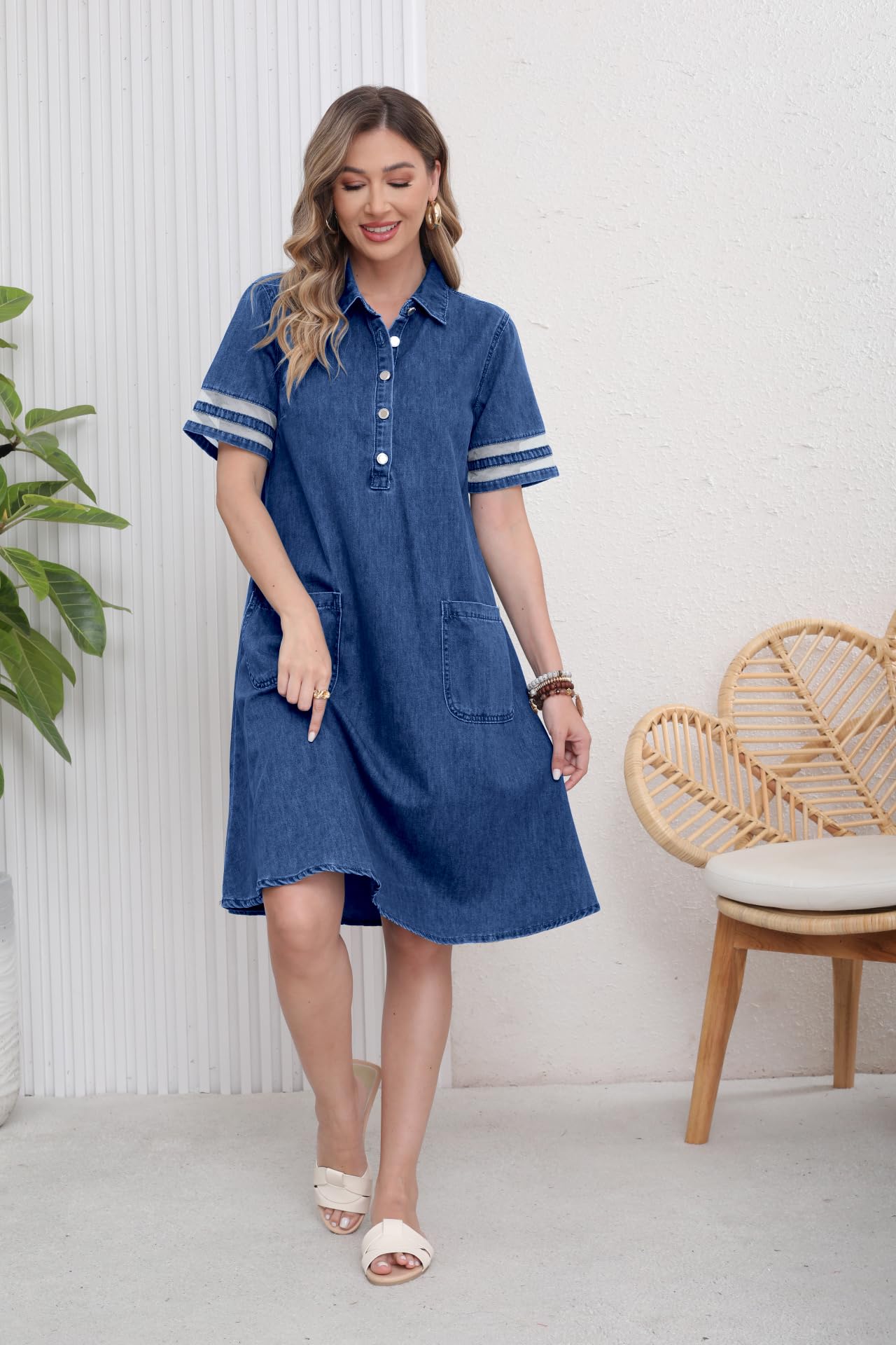utcoco Denim Dress for Women 2025 Casual Tulle Short Sleeve Button Jean Midi Dress with Pockets (Large, Dark Blue)