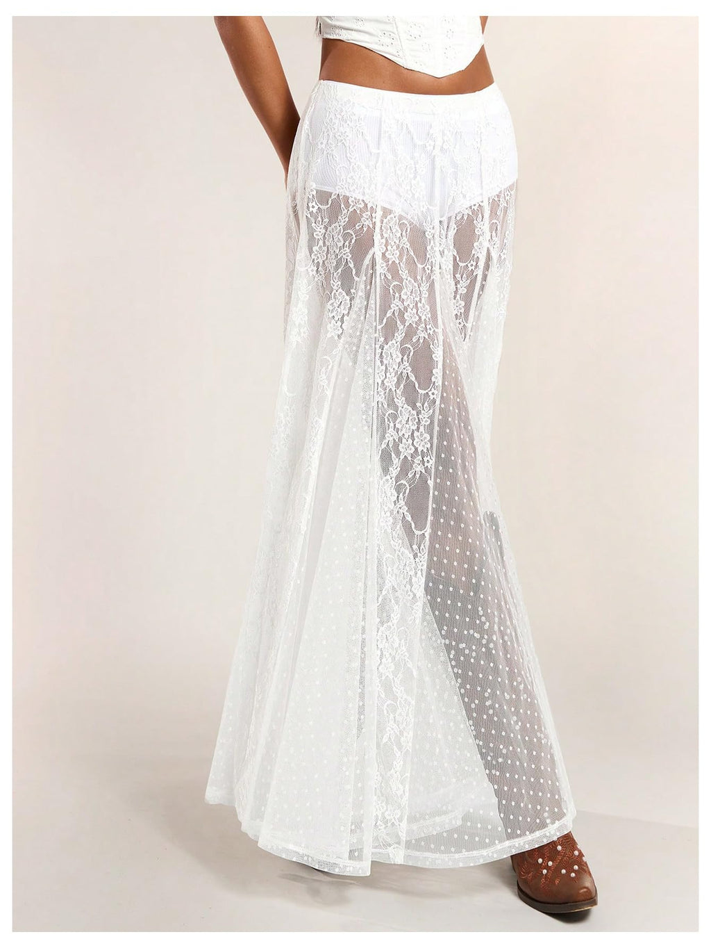 WDIRARA Women's Sexy See Through Sheer Lace Maxi Skirt Low Waist Ruffle Hem A Line Flowy Skirt White X-Large