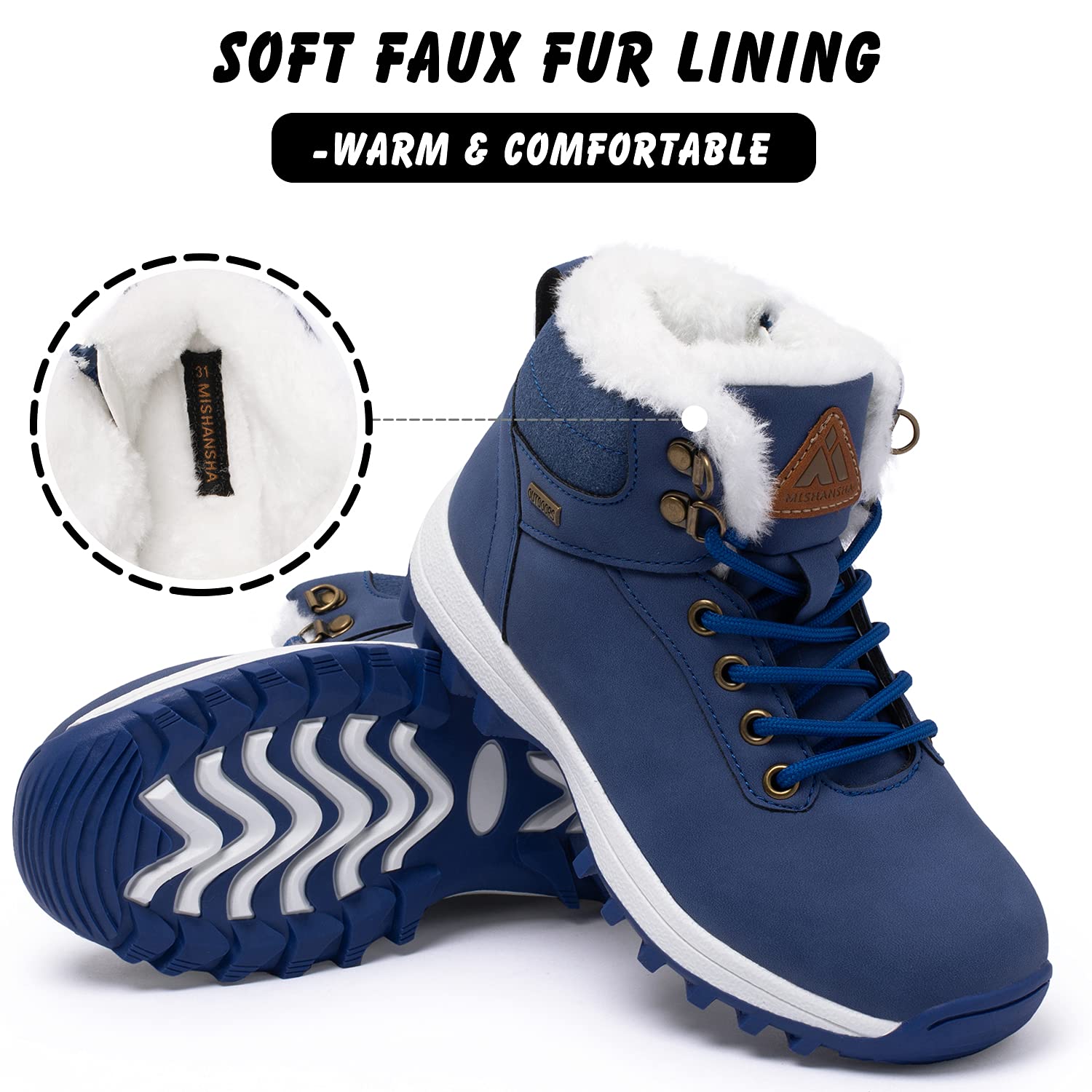 Mishansha Boy's Girl's Winter Snow Boots Waterproof Kids Hiking Boots Cold Weather Outdoor Fur Lined Warm Walking Boot Shoes Blue 7.5 Toddler