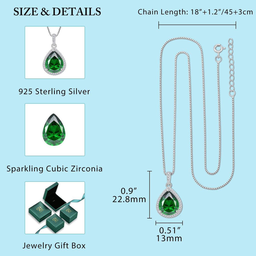FJ Emerald Necklace 925 Sterling Silver Teardrop Pendant Necklace May Birthstone Jewelry Gifts for Women