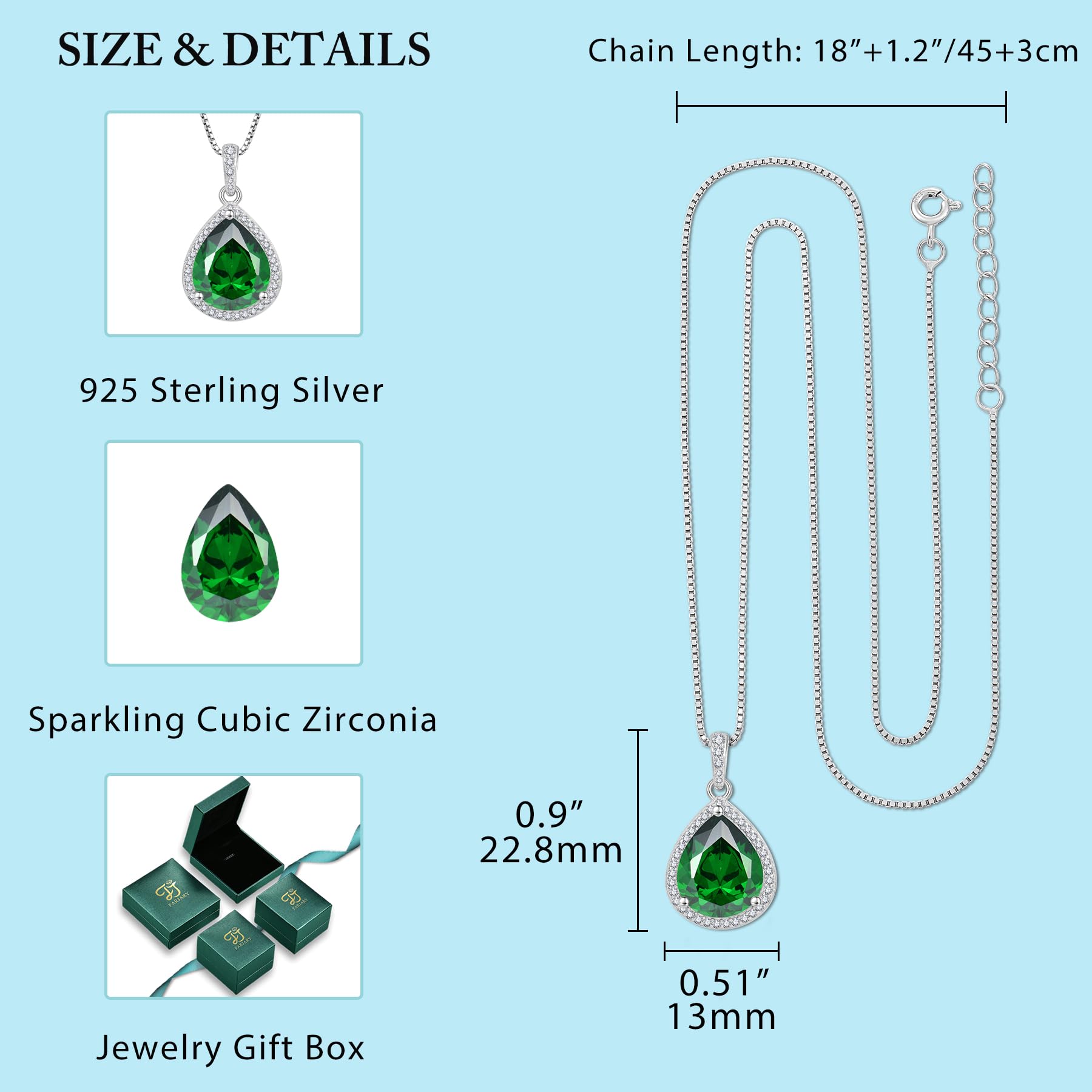 FJ Emerald Necklace 925 Sterling Silver Teardrop Pendant Necklace May Birthstone Jewelry Gifts for Women