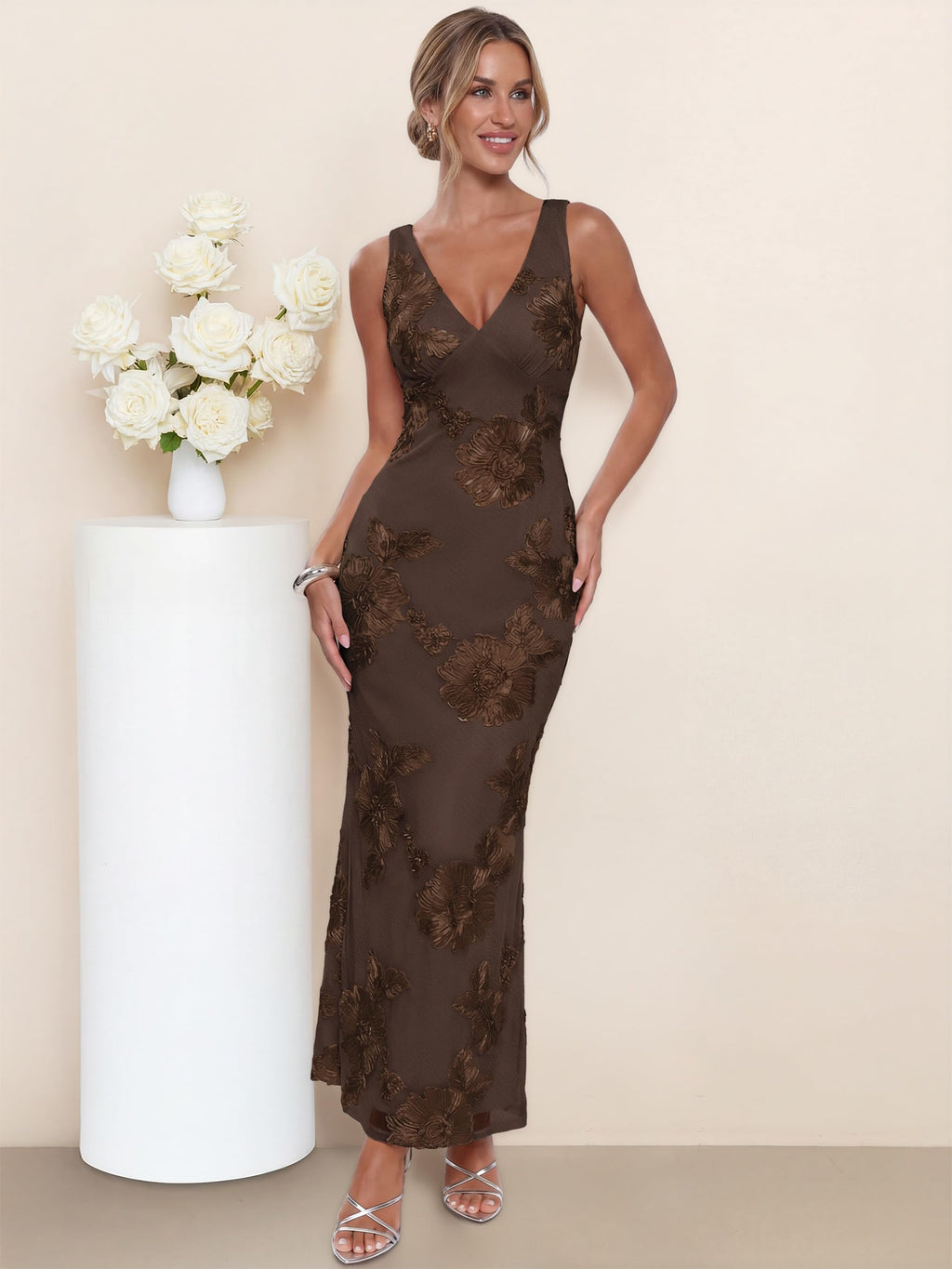 Caracilia Women Floral Maxi Dress 2026 Summer Mesh Deep V Neck Bodycon Formal Wedding Guest Cocktail Prom Party Long Dresses Coffee Large