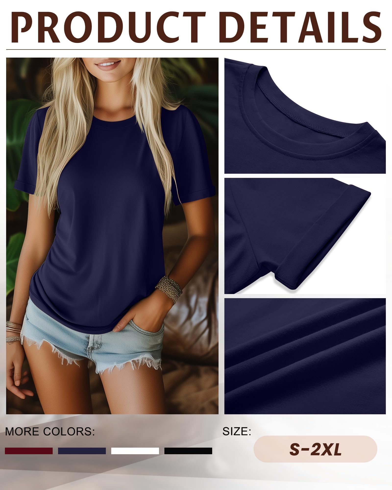 Ficerd 4 Pack Women's Cotton T Shirts Casual Short Sleeve Tunic Tops Crewneck Plain Summer Loose Fit Rolled Sleeve Basic Tee(Black, White, Navy Blue, Wine Red,XX-Large)