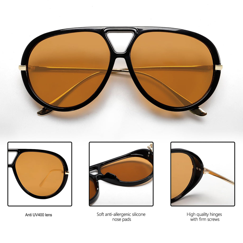 GUVIVI Retro Gold Aviator Sunglasses for Women Men, 2026 Metal Oversized 70s Aviators Black Sun Glasses