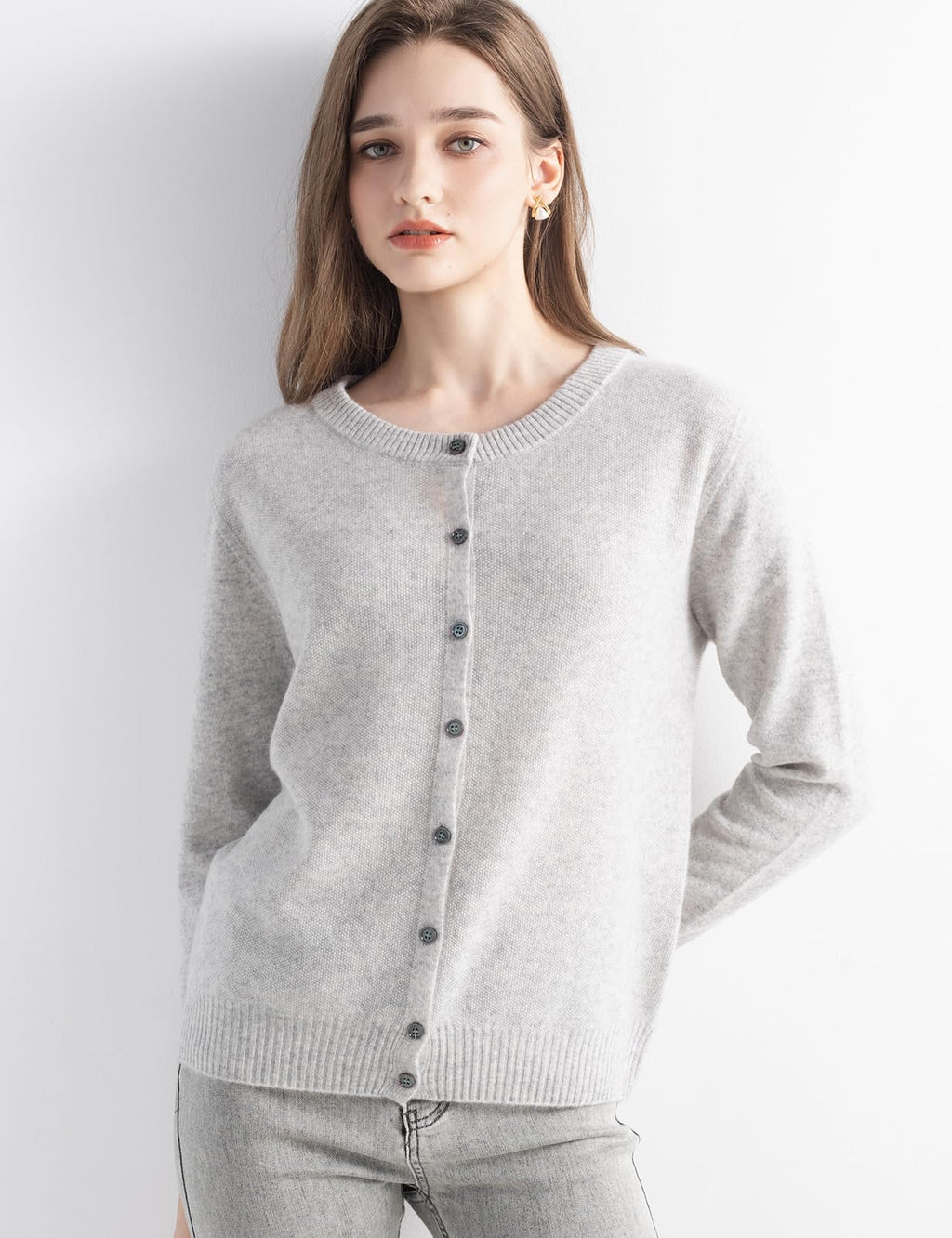 Chanyarn Women's 100% Pure Cashmere Cardigan Crew Neck Long Sleeve 2025 Fall Winter Warm Soft Knit Cardigan Sweater (Light Grey17056,M)