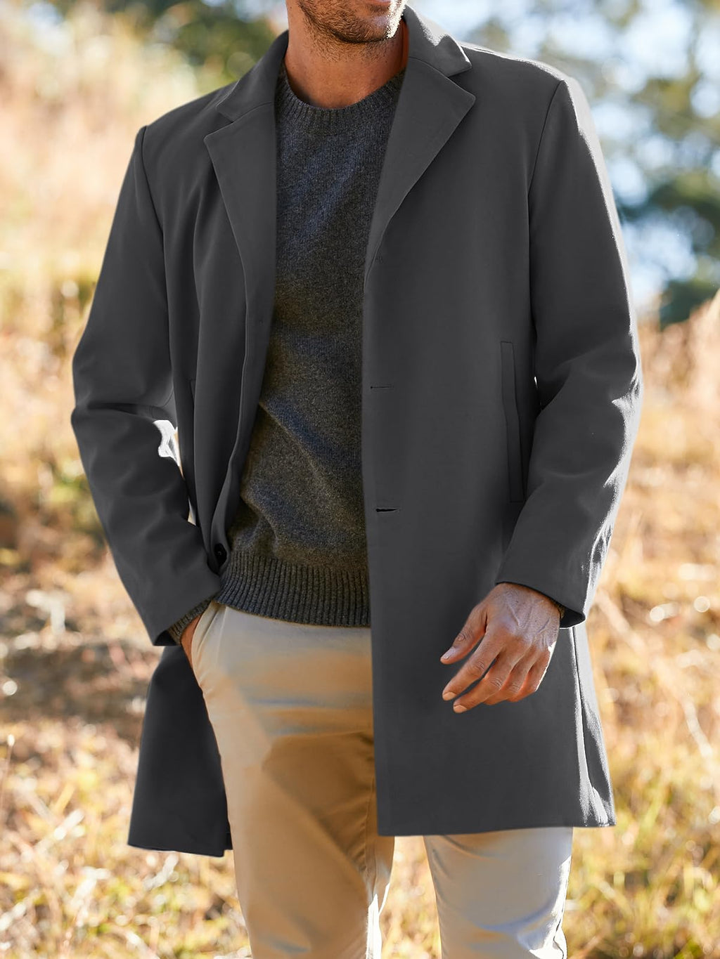 PASLTER Mens Trench Coat Slim Fit Notched Collar Fall Winter Single Breasted Pea Coat Warm Soft Overcoat