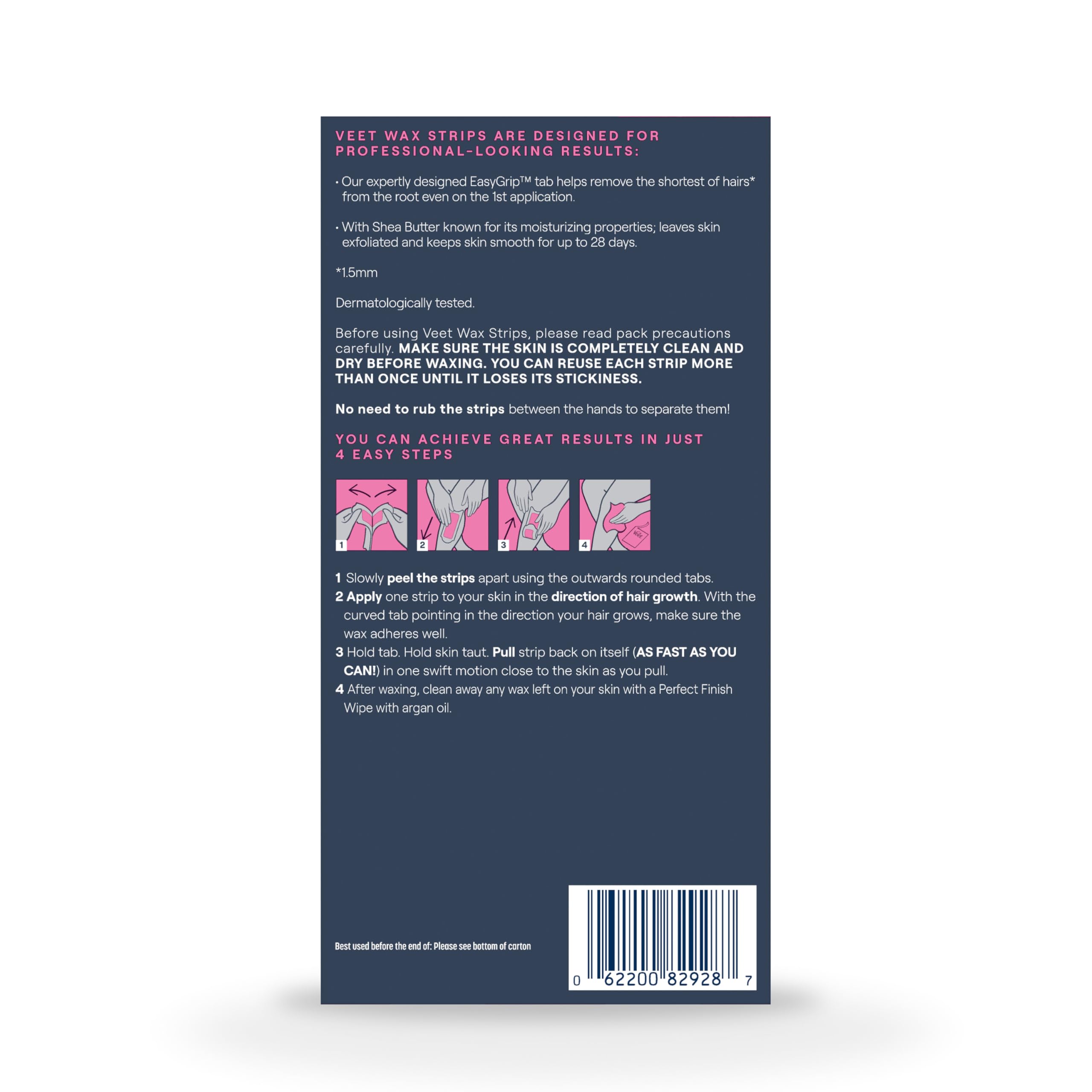 VEET Sugar Wax Strips For Women's Body Hair Removal, Bikini Hair Removal Kit, Pubic, Dermatologically Tested For Body & Intimate Areas, 40ct Wax Strips with Shea Butter & 4ct Wipes