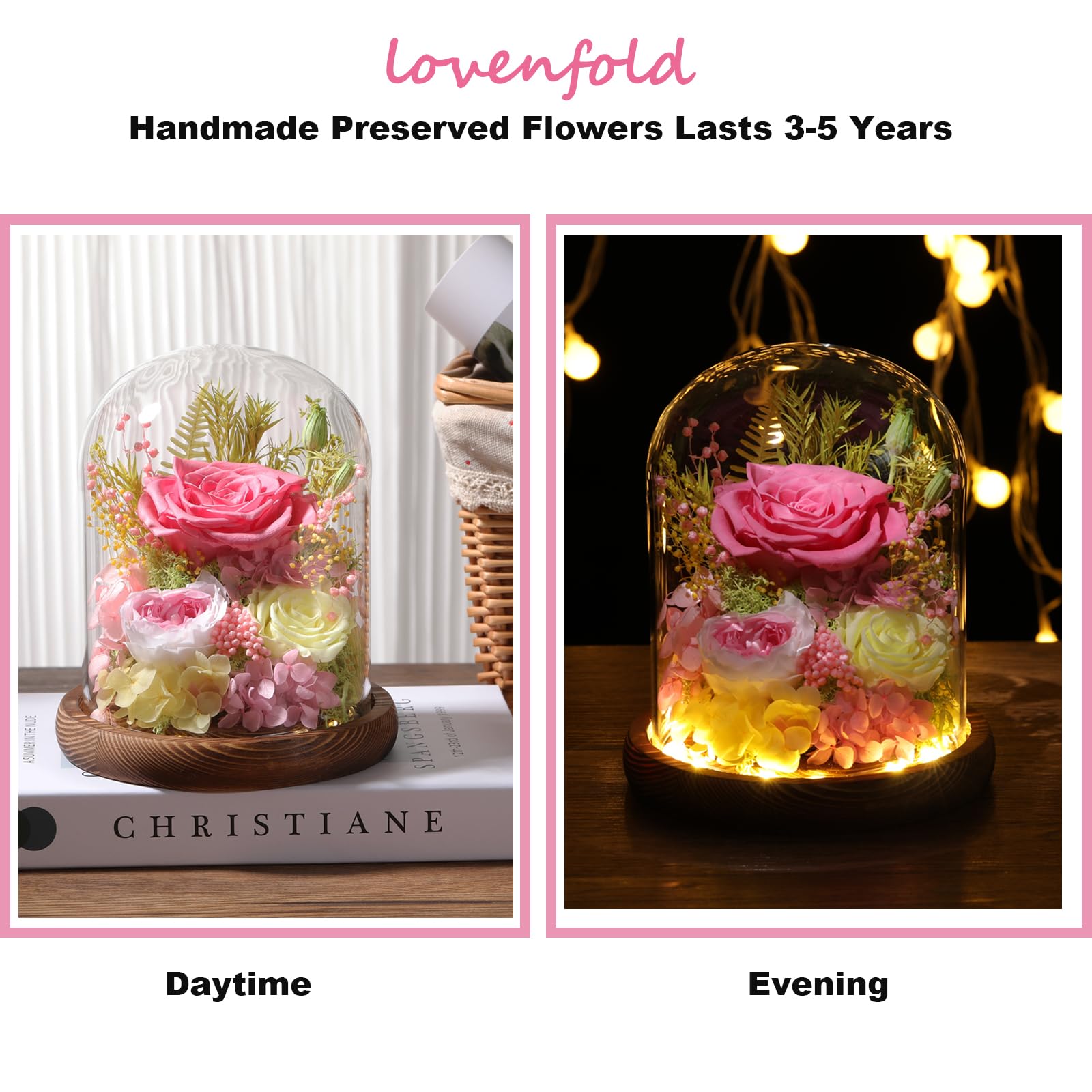 LOVENFOLD Flowers for Delivery Preserved Flowers Pink Roses with LED Light in a Glass Dome,Long Lasting Forever Flowers Birthday Gifts for Women Daughter Mom Wife Friend（Pink Rose）