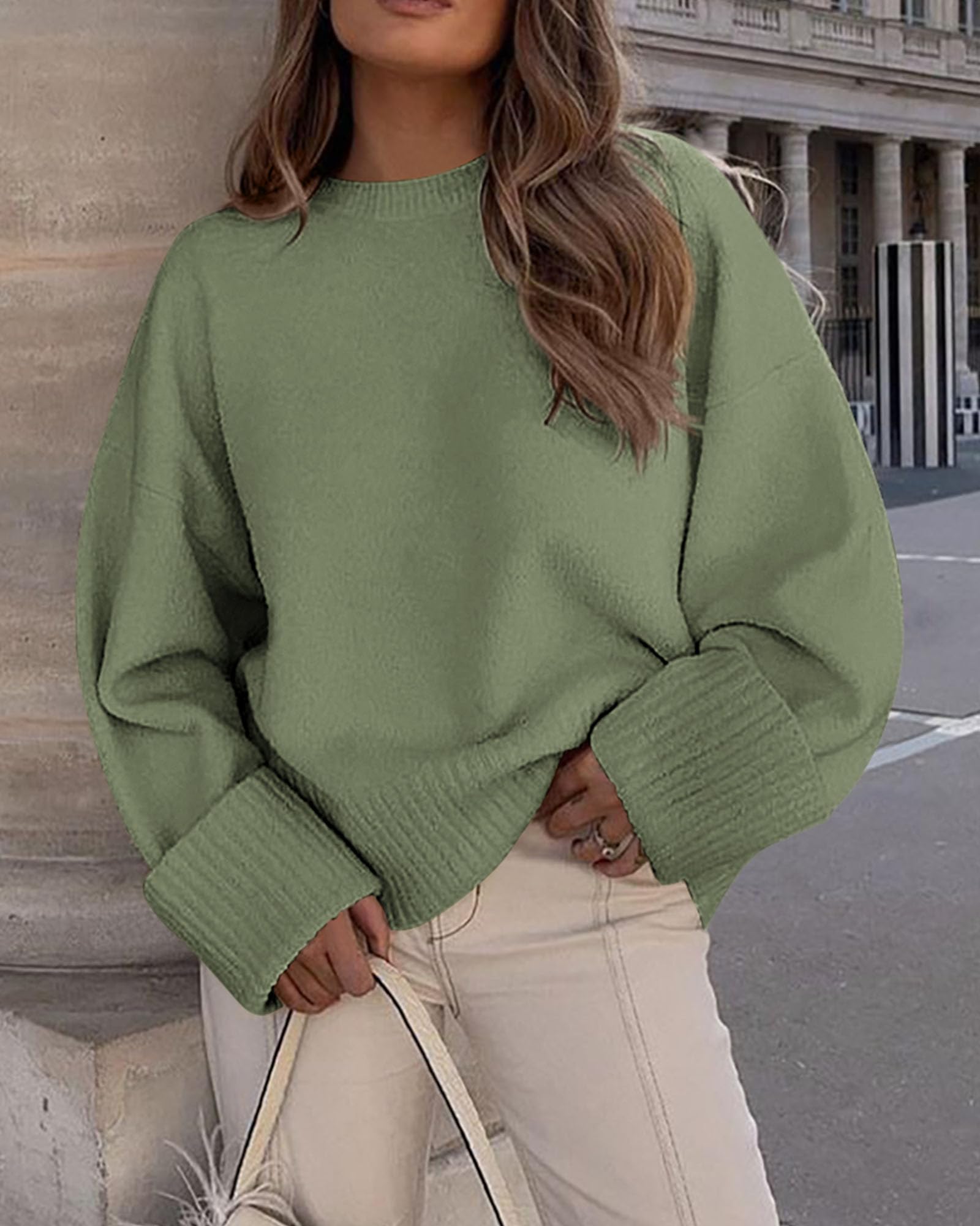 PRETTYGARDEN Women's Fall Oversized Sweaters Casual Crewneck Pullover Long Sleeve Fuzzy Chunky Knit Tops Blouse (Army Green,Large)