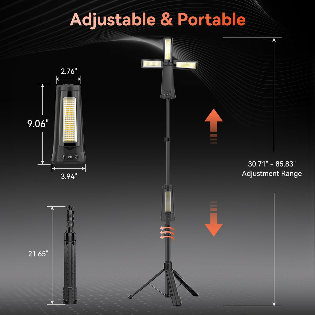 AKOFUN 15000 mAh Rechargeable Camping Light with Stand, Cordless Work Light with 3 LED Lamp Heads, 5500 Lumens Dimmable Camping Essentials Gear Emergency Flashlight with 86" Detachable Tripod, Black