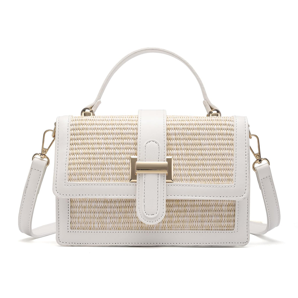 Straw Crossbody Bag for Women, Vegan Leather Patchwork Summer Purse with Top Handle, Small Woven Shoulder Handbag for Beach Vacation, Wedding, or Casual Daily Use